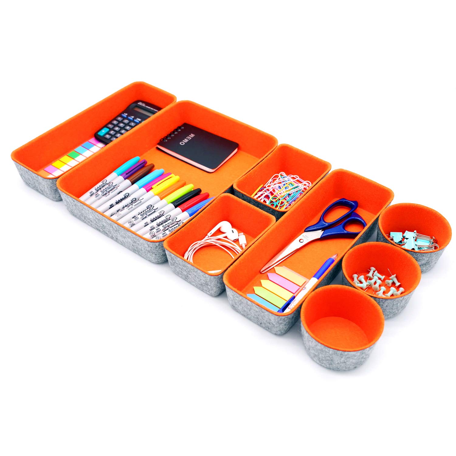 Welaxy 8-Piece Drawer Organizer Trays - Orange Storage Bins & Dividers for Office Supplies, Stationery, Junk - Home & Dorm Organization Solution (Perfect for Desk, Kitchen, Bathroom Organization)