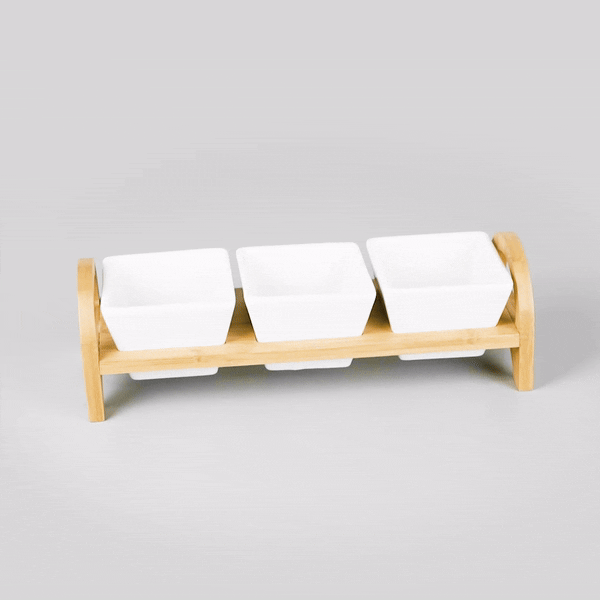 21 oz White Porcelain Rectangle Serving Bowls Set of 3 with Bamboo Tray - 12 x 3.75 x 3.5 Inches - Perfect for Salads, Snacks, Noodles & Entertaining - 1 Count Box