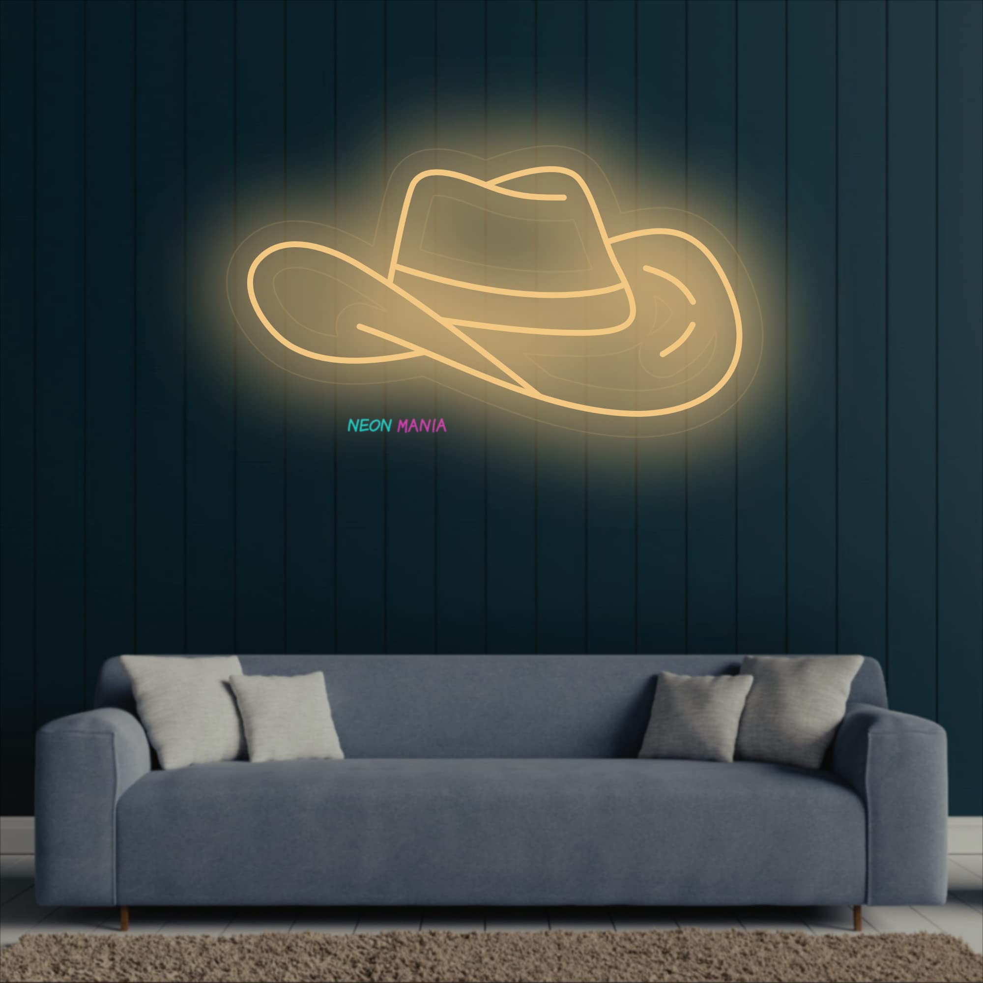 Blue Cowboy Hat LED Neon Sign - Western Themed Light Up Bar Decor for Home, Saloon & Ranch - 40 Inches