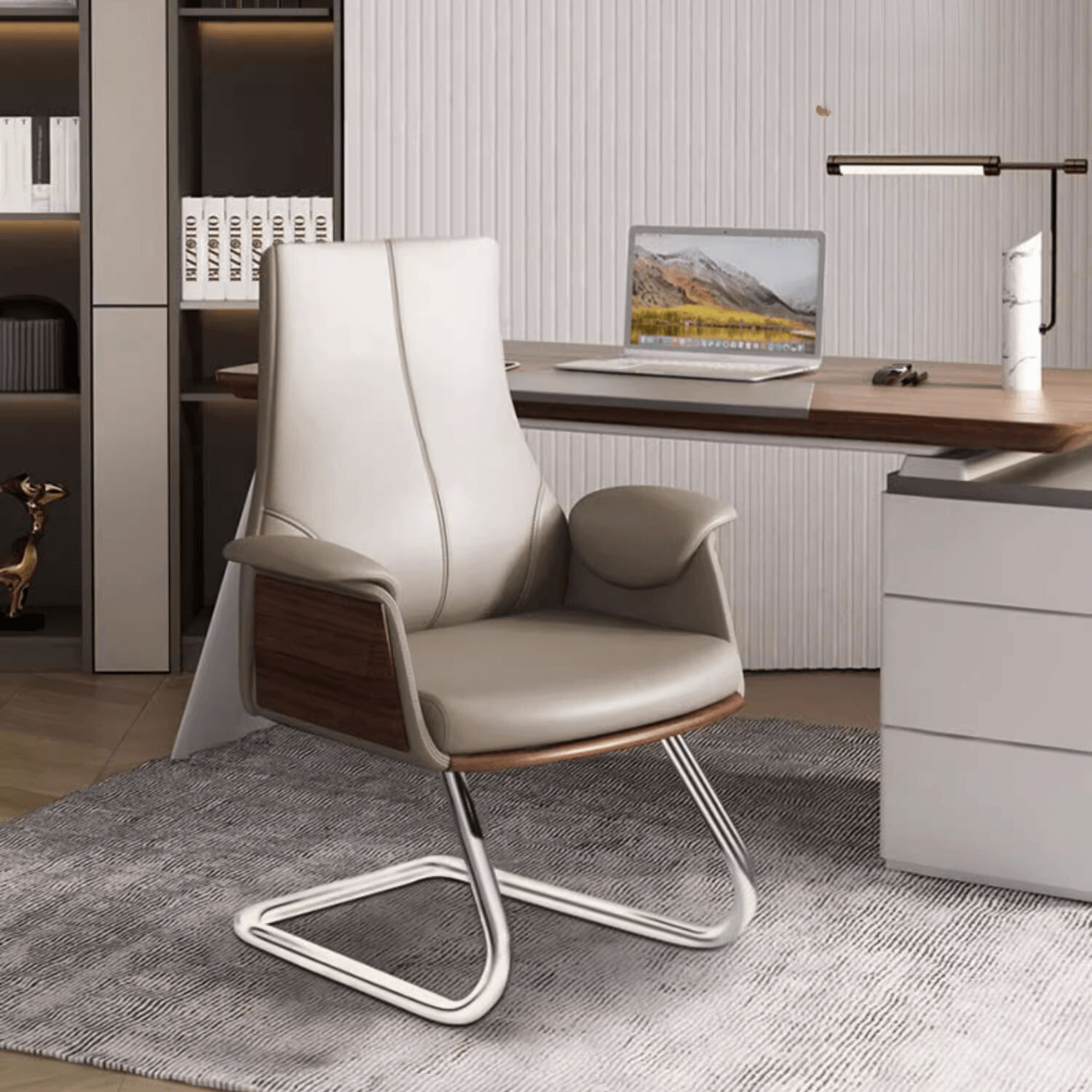 Minimalist Gray Leather Arc Office Chair with Flared Arms & Silver Metal Legs - Ergonomic Desk Chair for Home Office, Study, or Workspace