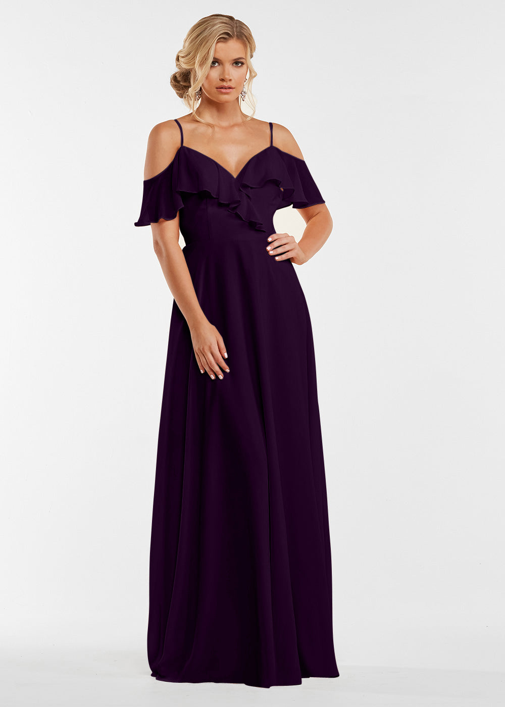 Elegant Off Shoulder Ruffled Chiffon Bridesmaid Dress - A-Line Flowy Design for Weddings, Parties & Special Occasions