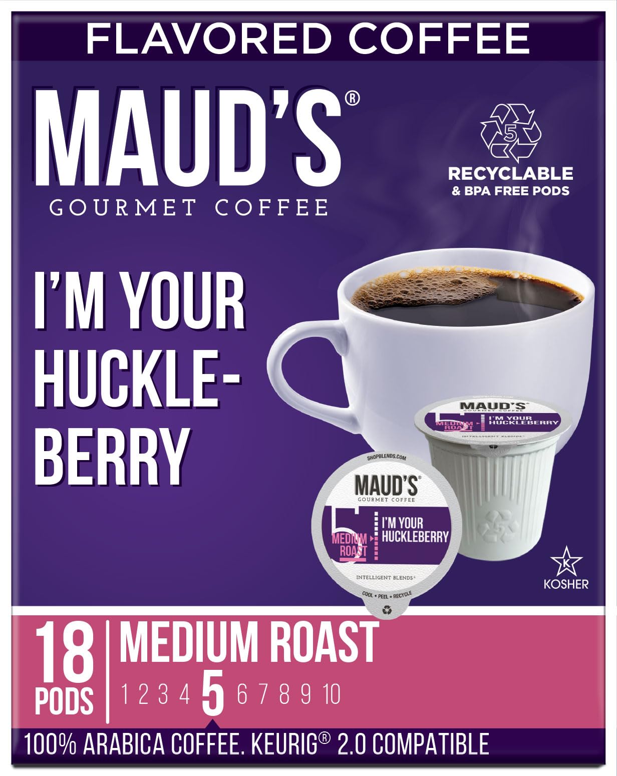 Maud's Huckleberry Flavored Coffee Pods - 18 Count Medium Roast Single Serve K Cups | 100% Arabica Recyclable Pods for Keurig Brewers | Perfect for Office, Home & Morning Coffee Break