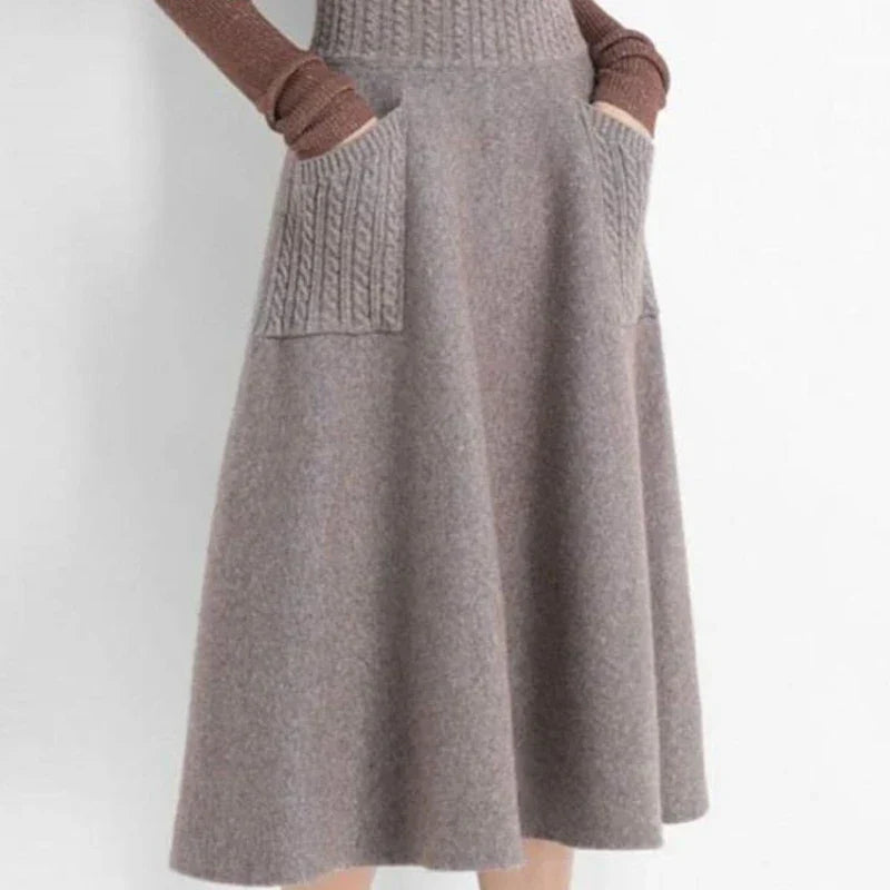 Women's High Waist Wool Knit Skirt - Warm Winter Long Skirt with Pockets, Loose Fit Mid-Calf Length Solid Color (B790) | Perfect for Office Wear, Casual Outfits & Holiday Season