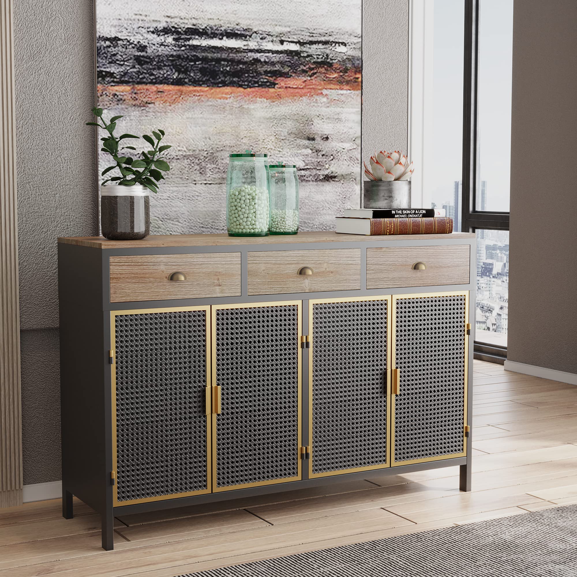Modern Buffet Sideboard Cabinet with 4 Doors & 3 Drawers - Farmhouse Entryway Storage Cabinet for Living Room, Office, Bedroom - Perfect for Dining Room Storage, Hallway Organization & Home Decor