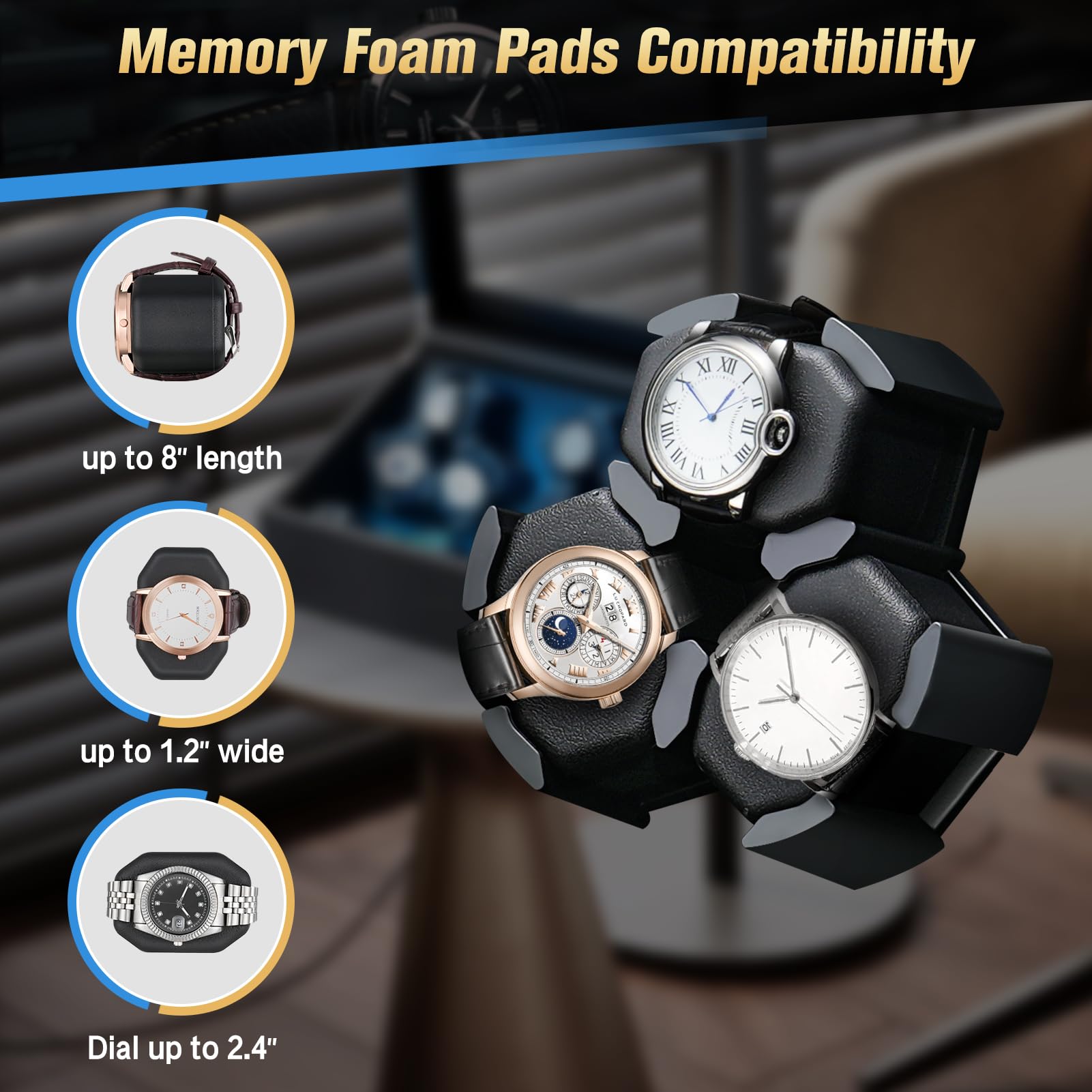 6 Watch Winder Box for Automatic Watches - Ultra Quiet Motor with Built-in LED Light - 6 Storage Slots - Perfect for Watch Collectors & Luxury Timepiece Display (Home/Office Use)