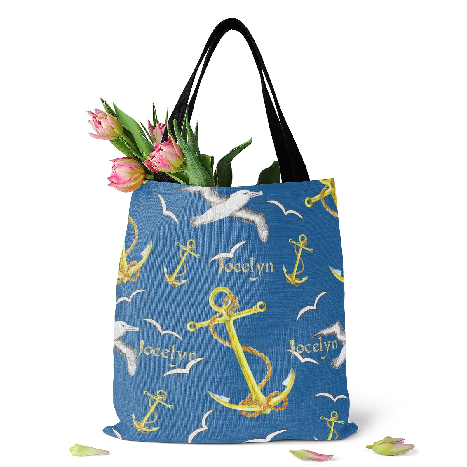 Personalized Name Tote Bag - Vintage Nautical Anchor & Lighthouse Design Canvas Shoulder Bag - Reusable Shopping & Travel Tote for Women - Perfect for Beach Trips, Grocery Shopping & Daily Commute