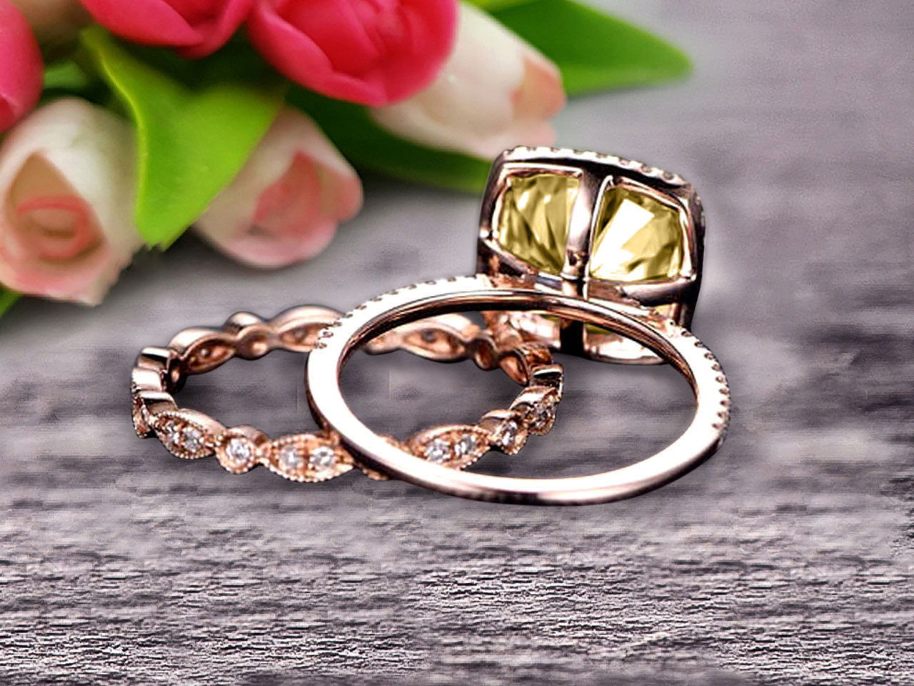 1.75 Carat Classic Cushion Champagne Diamond Moissanite Wedding Band Engagement Ring - 10k Rose Gold for Women, Bridal Jewelry, Anniversary Gift, Proposal Ring, Valentine's Day Present