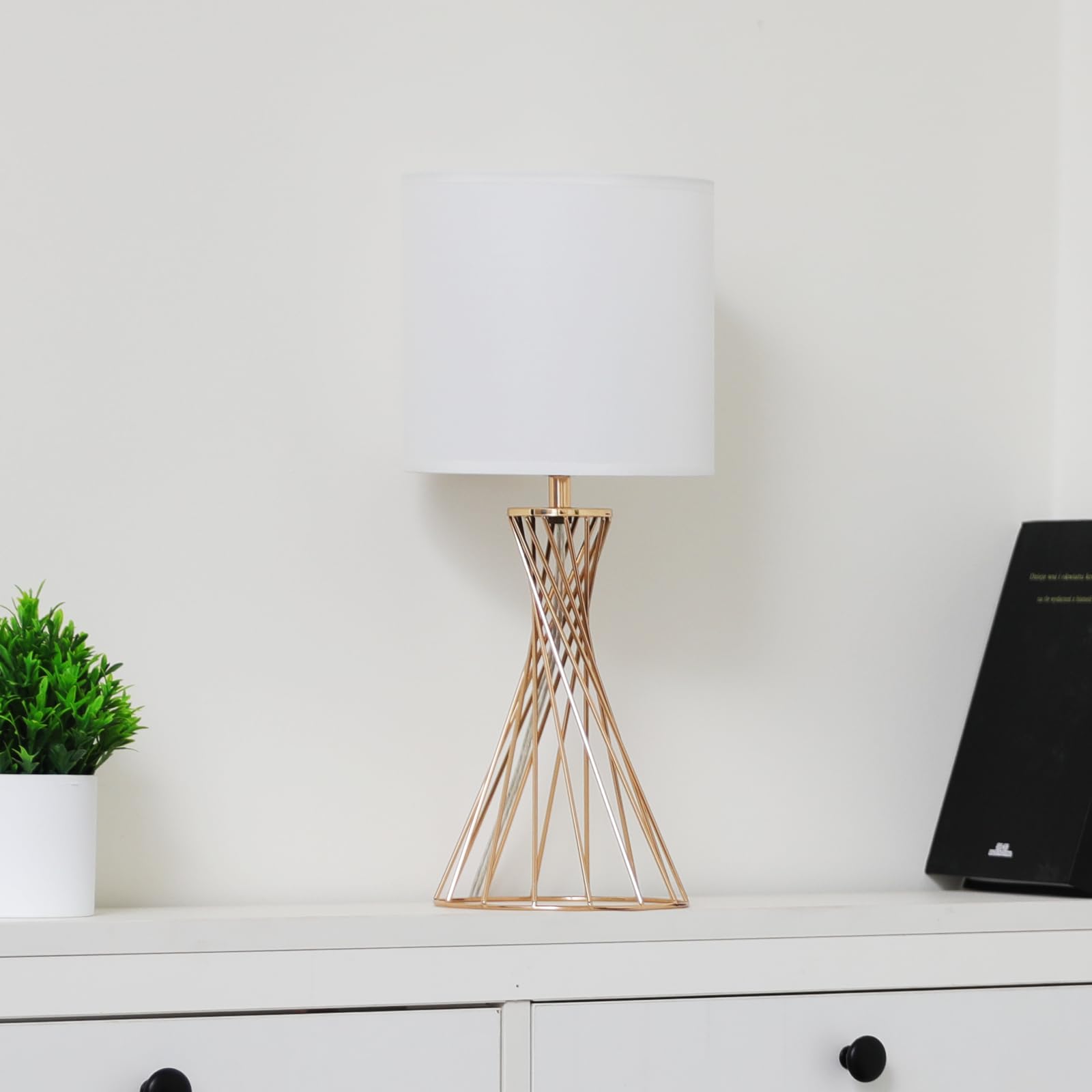 Modern Gold Table Lamp with White Fabric Shade & Geometric Metal Base - Small Cute Desk Lamp for Bedroom Nightstand, Living Room, Kids Room - Perfect for Reading, Study & Cozy Home Decor
