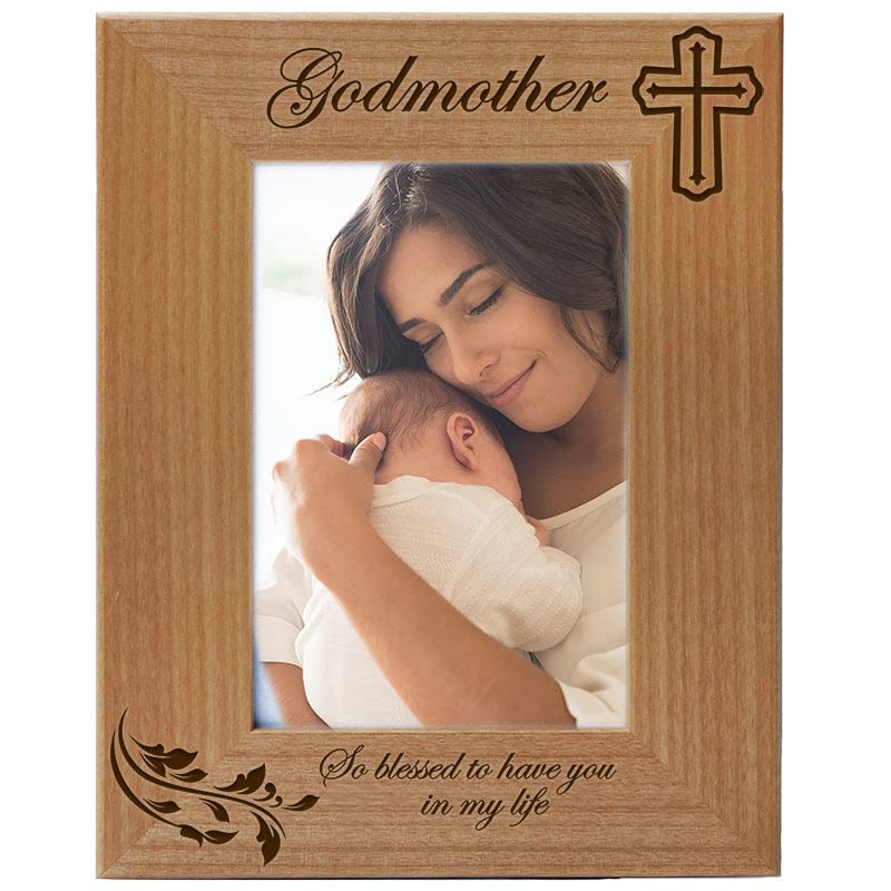 Godmother Gifts from Godchild - Engraved Wooden Picture Frame with Cross for 4x6 Vertical Photos | Baptism, Religious & Catholic Gifts | Perfect for Thank You Presents, Home Decor & Spiritual Keepsakes