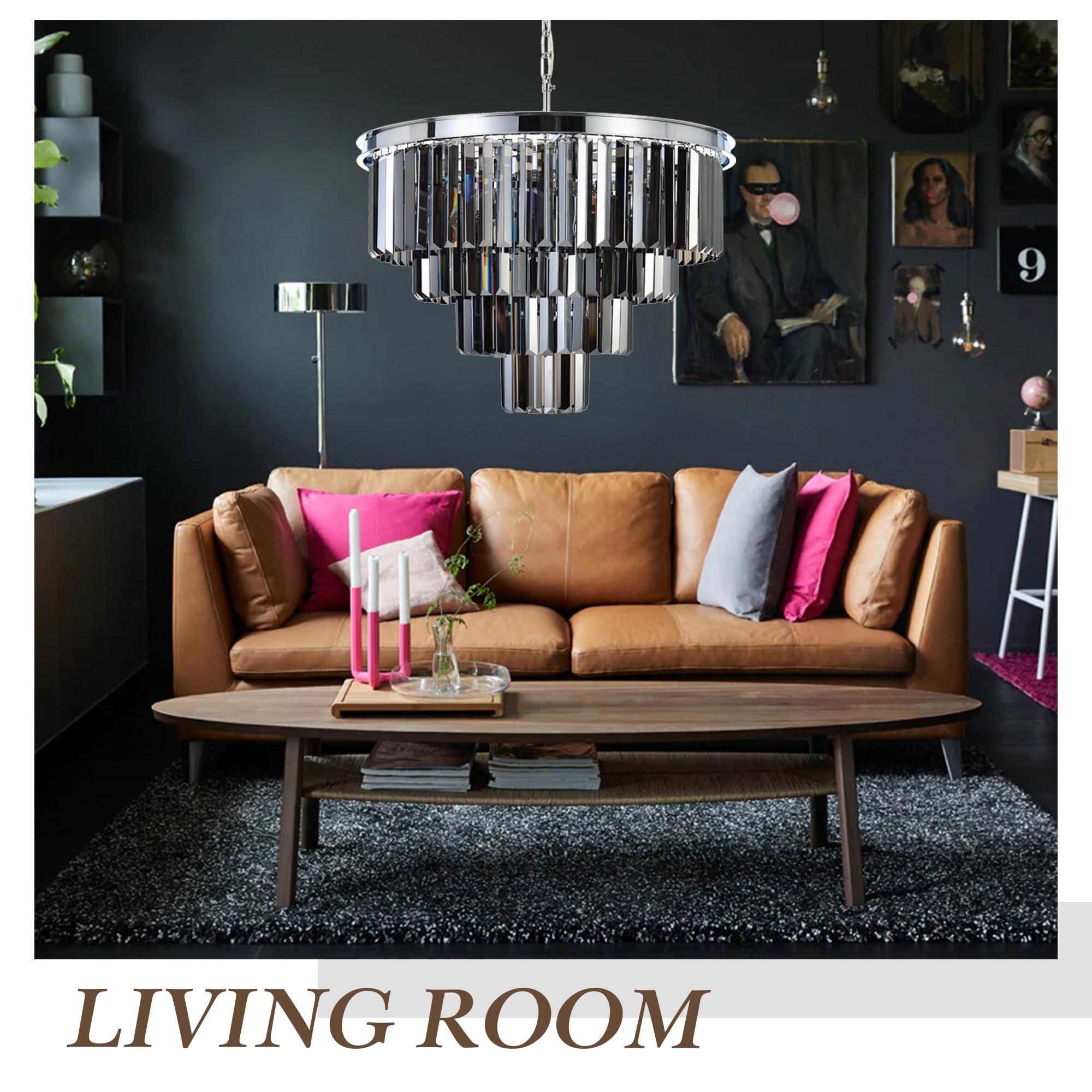 Luxury Chrome Smoke Crystal Modern Chandelier - 4-Tier Pendant Ceiling Light Fixture for Dining Room, Living Room, Bedroom & Girls Room (23.6