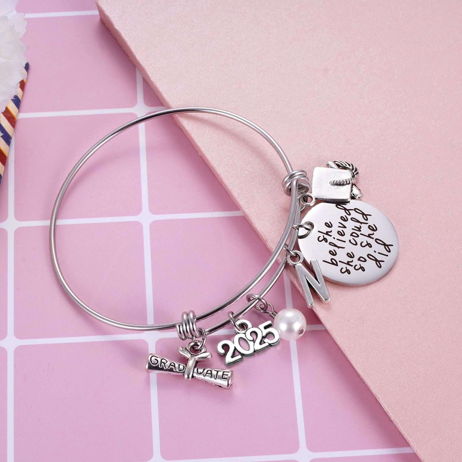 Ukodnus Class of 2025 Graduation Bracelet - Personalized 26 Initial Charm Bracelet for High School & College Seniors - Inspirational Gift for Her - Perfect for Graduation Ceremonies, Senior Week & Milestone Celebrations