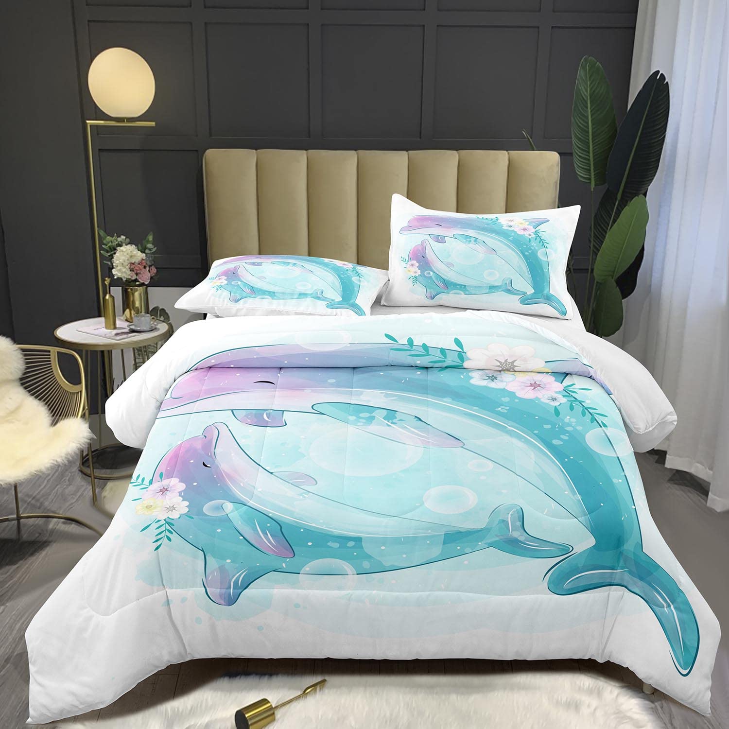 Bodhi Cartoon Dolphin Comforter Set Twin Size - Ocean Animal Themed Bedding for Kids, Teens, Boys & Girls - 2 Piece Quilt Set with Pillowcase - Soft & Cozy for Bedroom, Dorm, Sleepovers (#4003)