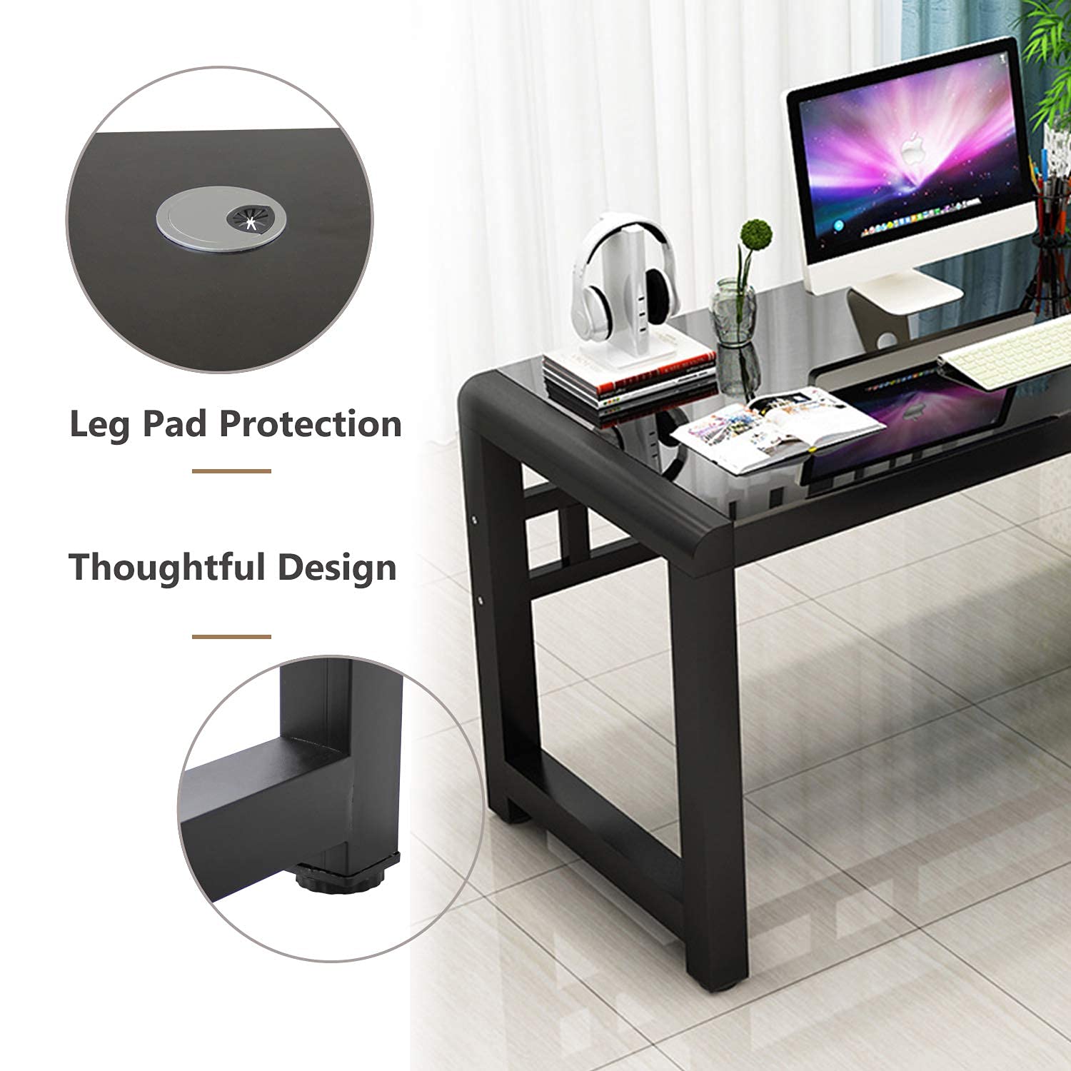 Premium Tempered Glass Computer Desk - Sturdy & Durable Office Desk with USB Ports, Modern Plain Legs for Home Office, Gaming, and Workspace - Black (Jerry & Maggie Brand) | Perfect for Professionals, Students & Remote Workers