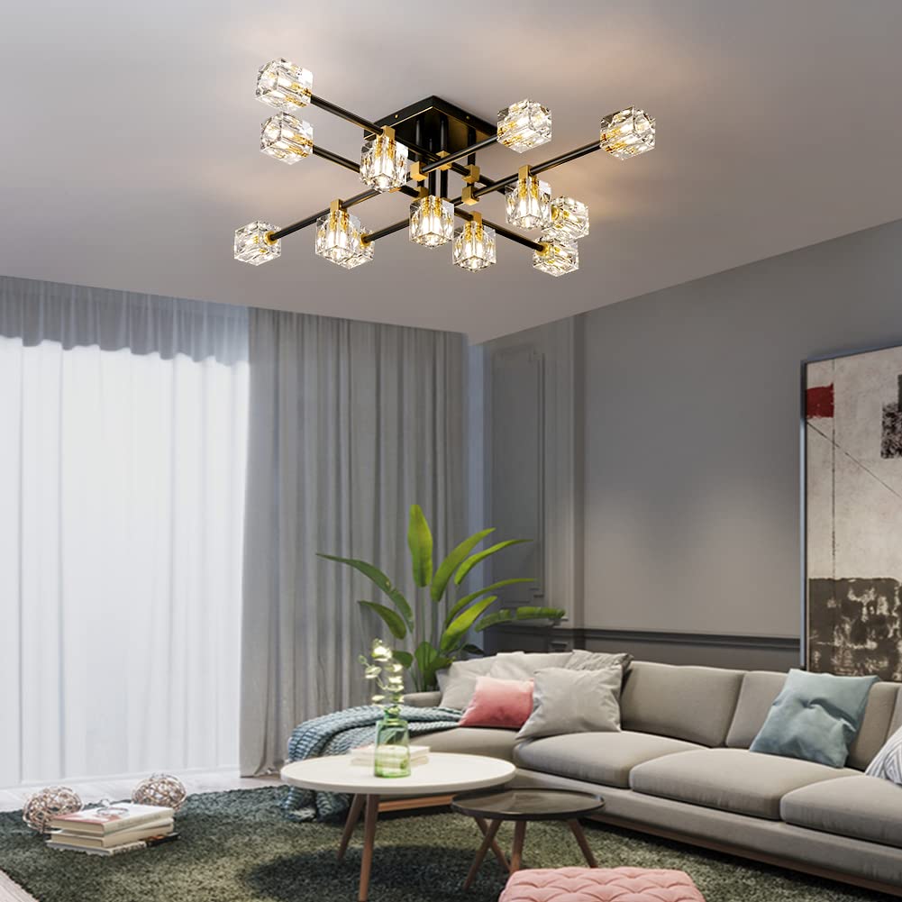 13-Light Modern Crystal Sputnik Chandelier - Black & Gold Ceiling Light Fixture for Dining Room, Entryway, Bedroom - Elegant Lighting for Home Decor, Wedding Venues, and Luxury Spaces