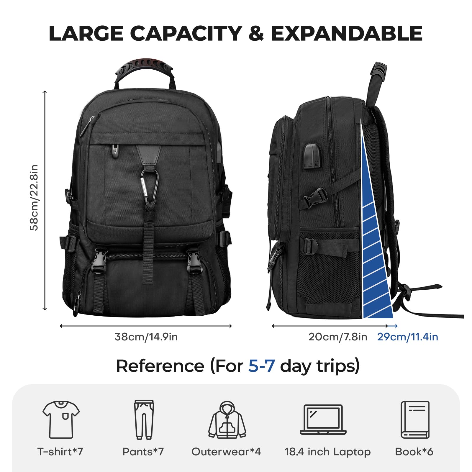 Extra Large Travel Backpack for Men & Women - 18.4 Inch Laptop Backpack with Shoe Compartment & USB Charging Port - Durable College Backpack for Business, Hiking, Camping (Fits Above 5.74 ft Height) - Perfect for Commuting, Air Travel & Outdoor Adventures