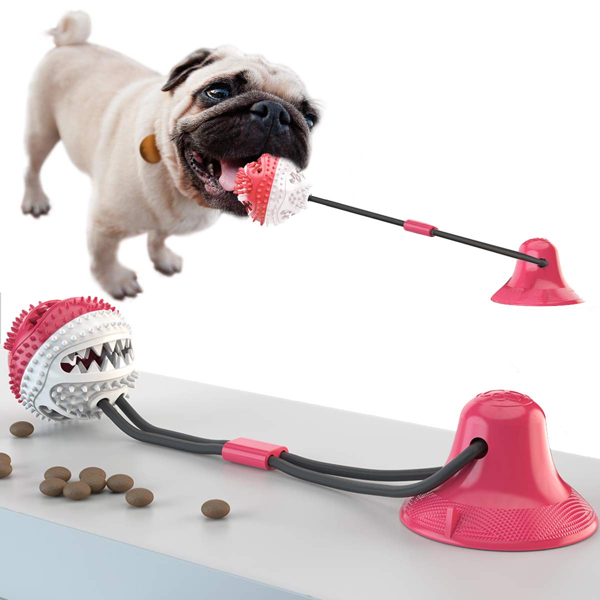 Durable Dog Chew Toy with Suction Cup - Interactive Tug Toy, Molar Bite Ball for Teeth Cleaning & Food Dispensing - Self-Playing Rubber Chew Toy for Small & Large Dogs (Red) | Perfect for Indoor Play, Dental Health & Boredom Relief