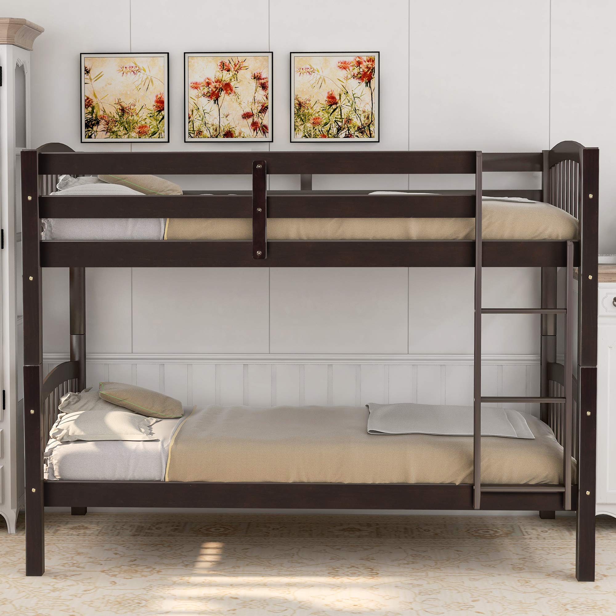 JULYFOX Twin Over Twin Bunk Bed with Finsbury Headboard - Heavy Duty 500 LB Capacity Wooden Bed Frame, No Box Spring Needed, Includes Ladder & Safety Guard Rails - Space Saving Solution for Kids Rooms, Guest Rooms & Small Apartments (Espresso)