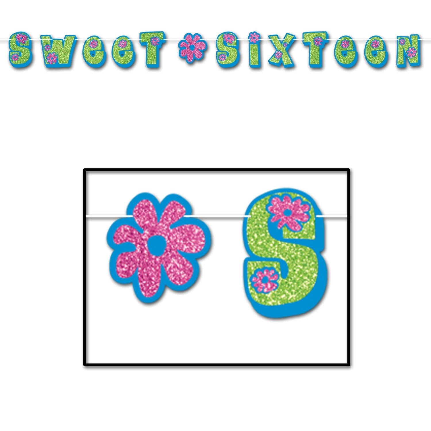 12 Pack Beistle Glittered Sweet Sixteen Streamers - Blue, Light Green & Pink Party Decorations for Birthday, Graduation & Teen Celebrations