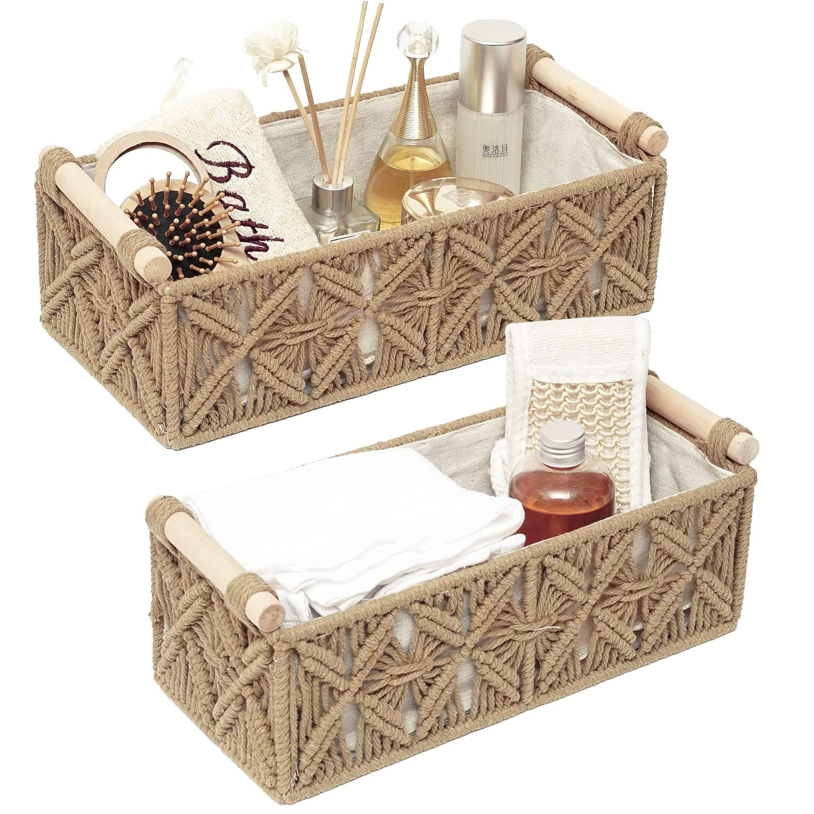 Macrame Storage Basket Set of 2 - Boho Woven Decorative Baskets with Handles for Bathroom & Nursery Organization | Perfect for Countertop, Toilet Paper Storage, Toilet Tank Top Shelf Decor