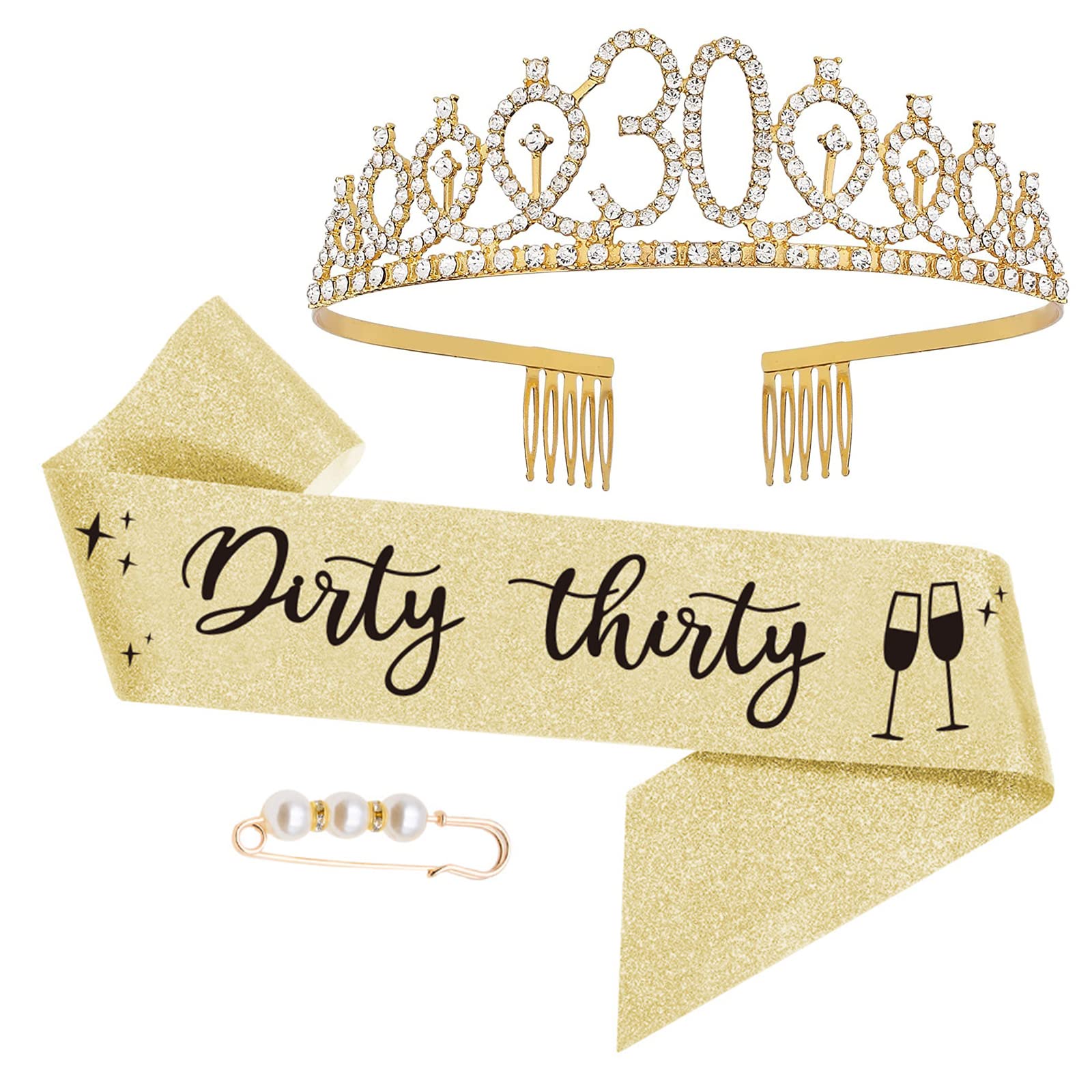 Dirty Thirty Birthday Tiara and Sash Set - Gold Adjustable Crown & Sash for Women's 30th Birthday Party Decorations - Queen Party Favors Supplies - Perfect for Bachelorette Parties, Birthday Celebrations & Girls Night Out
