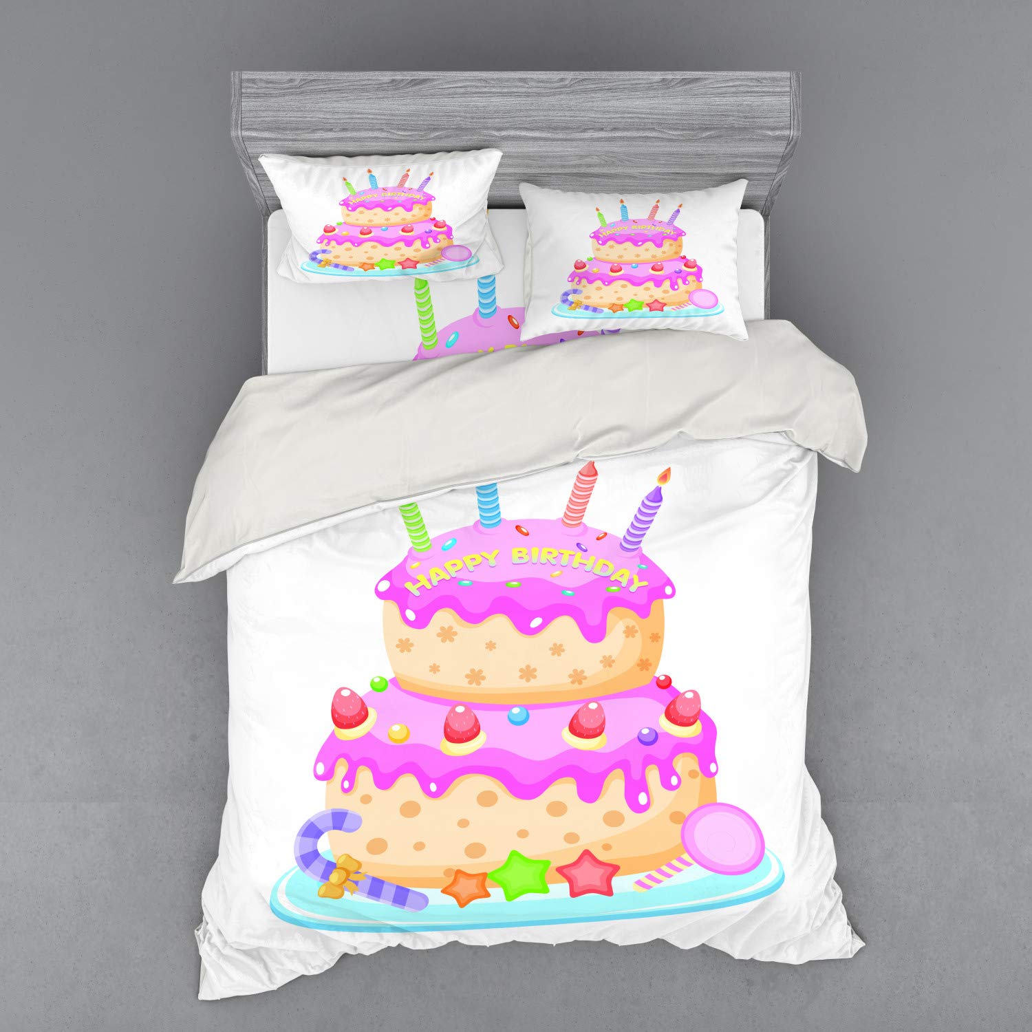 Ambesonne Pastel Birthday Cake Duvet Cover Set - 4 Piece Queen Size Bedding with Shams & Fitted Sheet - Candle & Candy Celebration Design in Pale Pink - Perfect for Birthday Party Decorations & Kids Room Themes