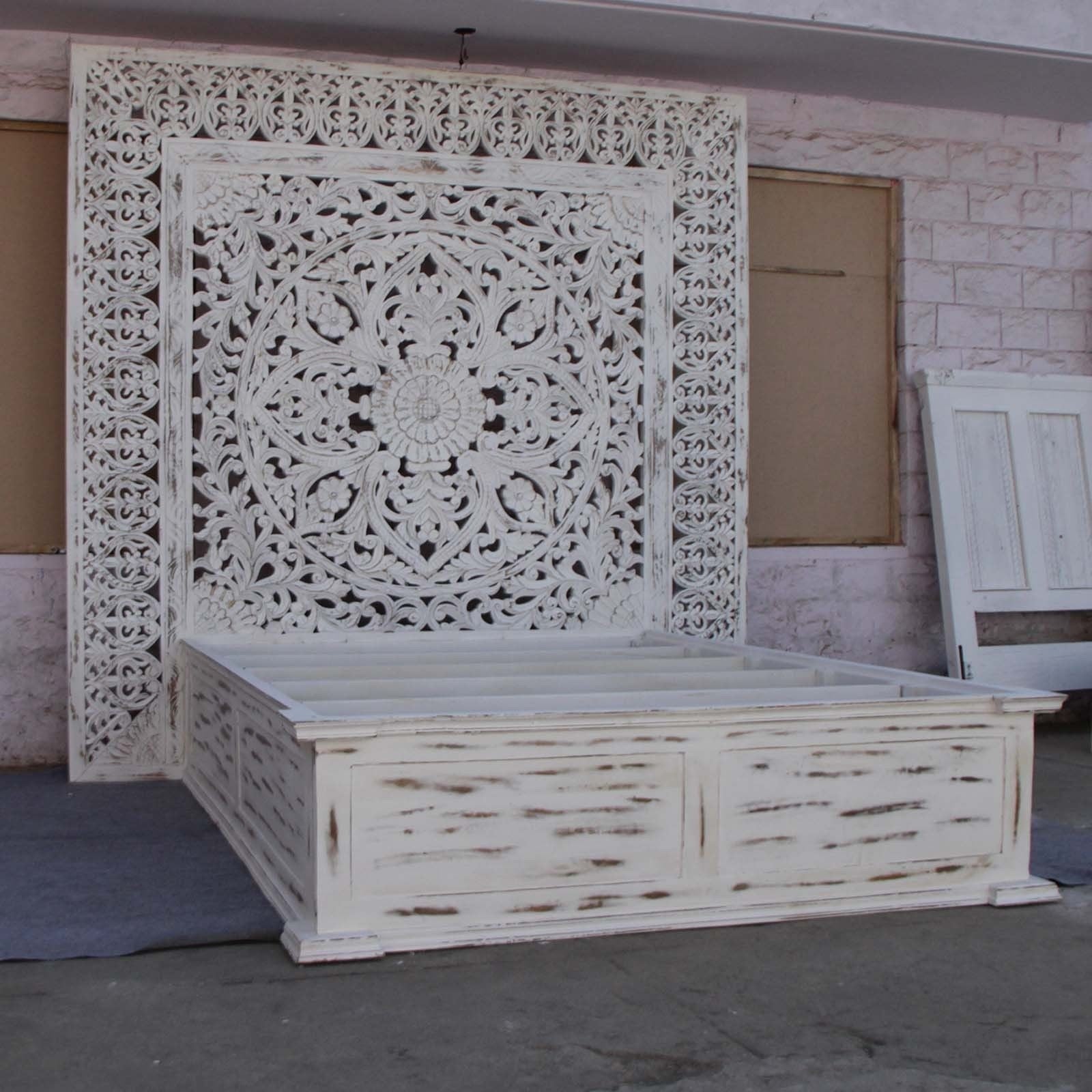 Hand Carved Solid Wood Wall Panel Bed Headboard for Queen Size Bed - Elegant Bedroom Decor for Master & Guest Rooms