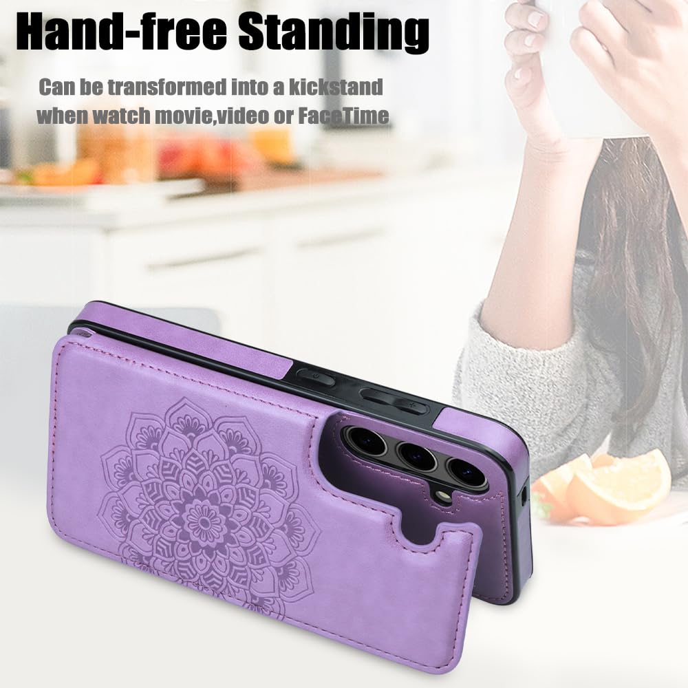 Samsung Galaxy S24 Case with Card Holder & Magnetic Flip Cover - Flower Design Wallet Phone Case for Women | Protective 5G Compatible (2024, Purple) | Perfect for Everyday Use, Travel & Hands-Free Convenience