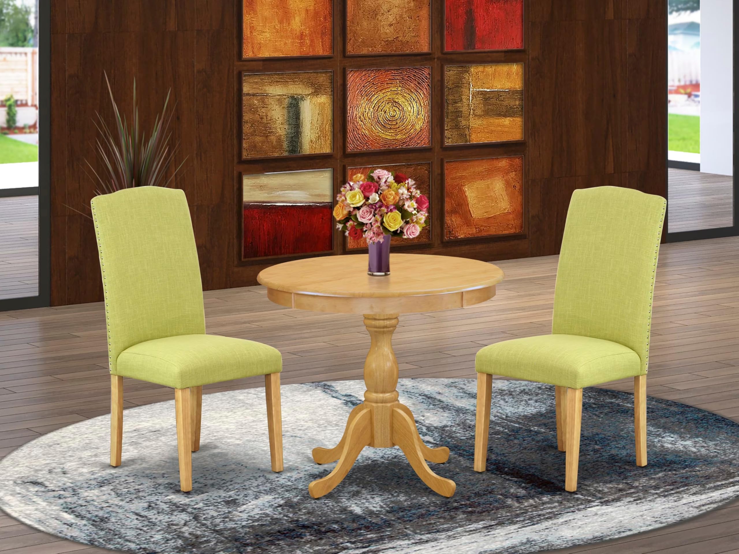 East West Furniture 3-Piece Kitchen Table Set - Round Oak Dining Table with Pedestal Base & 2 Limelight Linen Fabric Parson Chairs, 36x36 Inch - Perfect for Small Spaces, Breakfast Nooks & Cozy Dining Areas