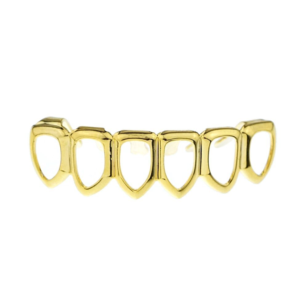 14K Gold Plated Open Face Grillz - 6 Tooth Lower Row Bottom Teeth for Hip Hop Style | Perfect for Rappers, Performers & Street Fashion (Men & Women)