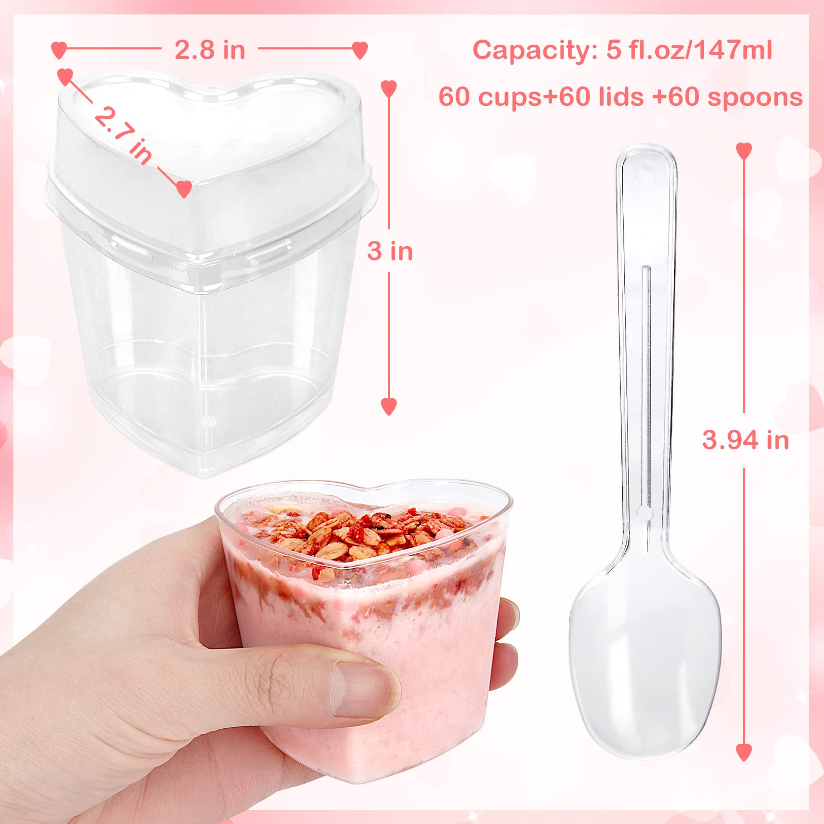 60 Pack 5 oz Clear Heart-Shaped Plastic Dessert Cups with Lids & Spoons - Perfect for Parfaits, Appetizers, Mother's Day Gifts, Weddings & Bridal Showers - Ideal for Party Serving, Holiday Events & Romantic Celebrations