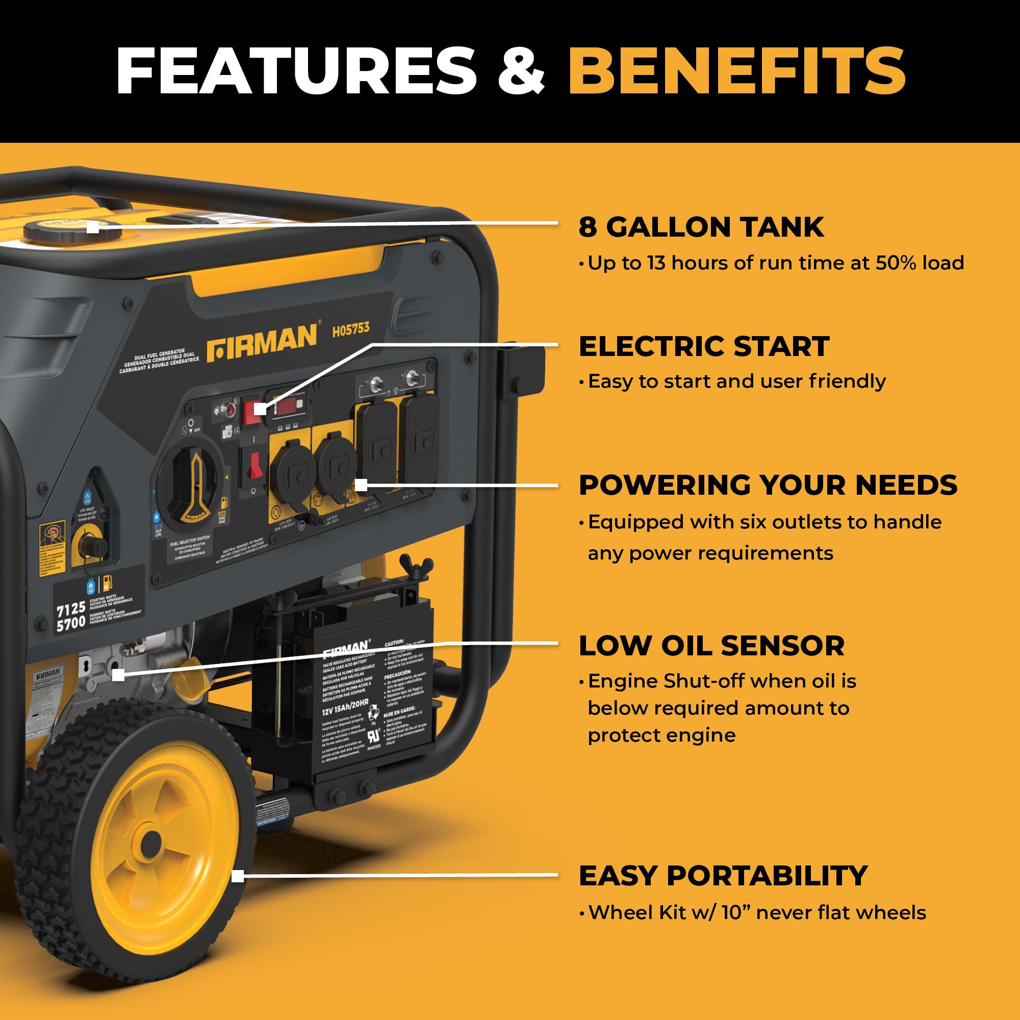 Dual Fuel Portable Generator 5700W with Electric Start - 120/240V Output for Camping, Home Backup & Outdoor Power