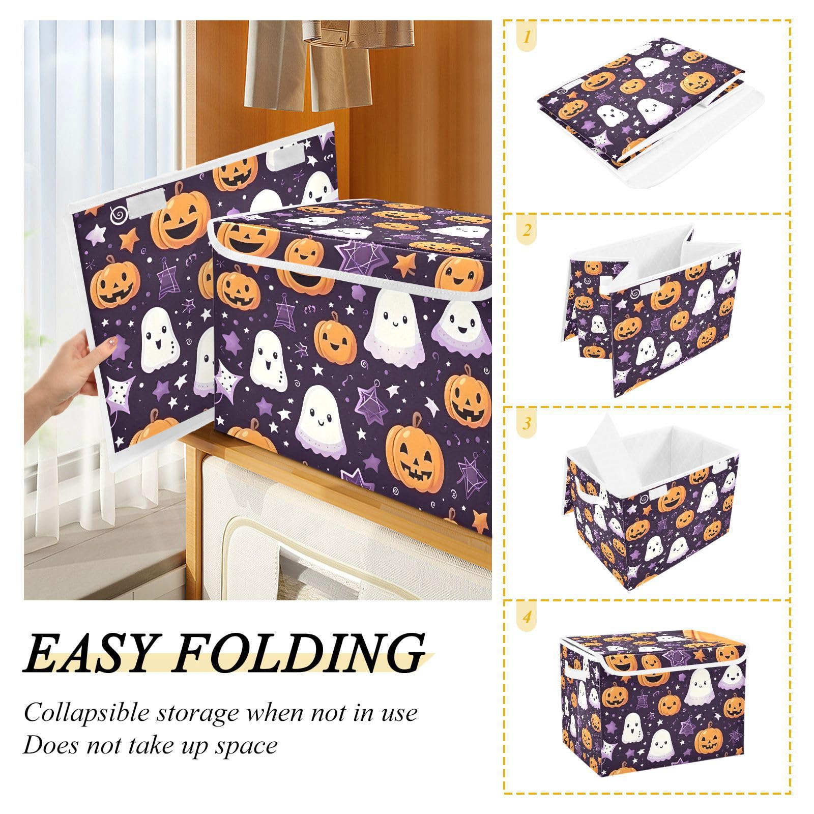 Senya Collapsible Halloween Storage Baskets with Lids - Ghost Pumpkin Purple Stars Design for Organizing Clothes, Toys & Home Decor | Perfect for Halloween Decor, Kids Room Organization & Seasonal Storage
