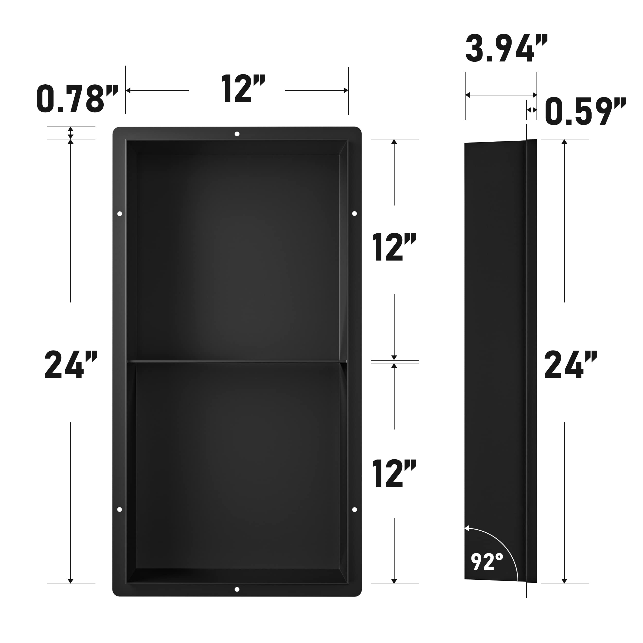 24x12 Inch Stainless Steel Recessed Shower Niche - Matte Black Rimless Wall Shelf for Bathroom | No Tile Needed, Flush-Mount Installation | Perfect for Shampoo, Soap & Bath Accessories Storage