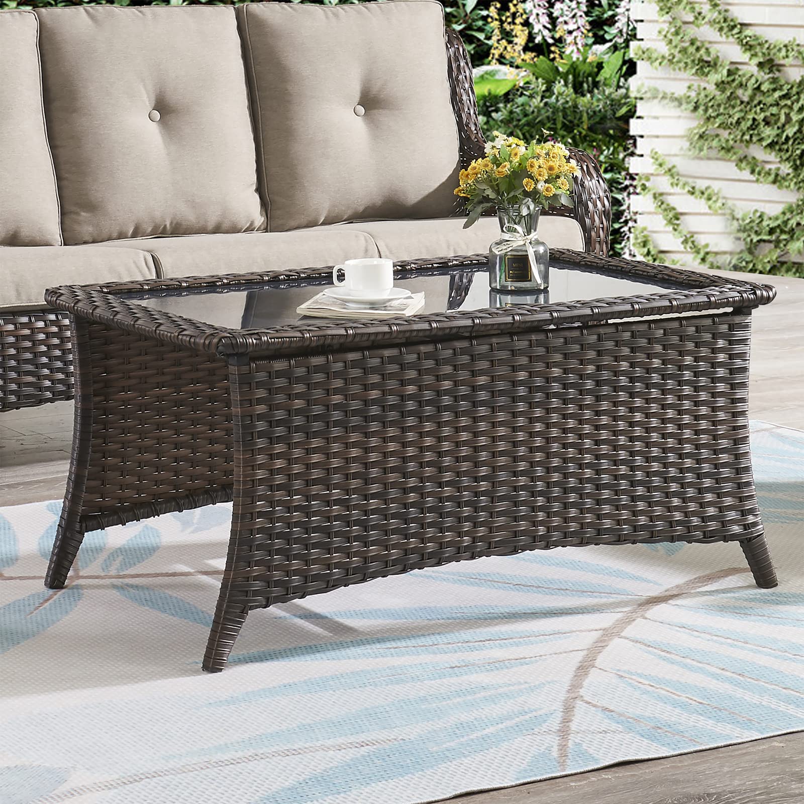 HUMMUH Outdoor Coffee Table with Black Glass Top - PE Wicker Rattan Patio Side Table - Rectangle Sofa Table in Dark Brown - Perfect for Garden, Balcony, and Poolside Relaxation