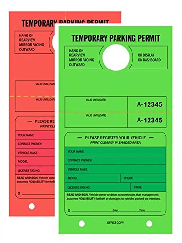 Temporary Parking Permit Mirror Hang Tags - Numbered with Tear-Off Stub, 7.75