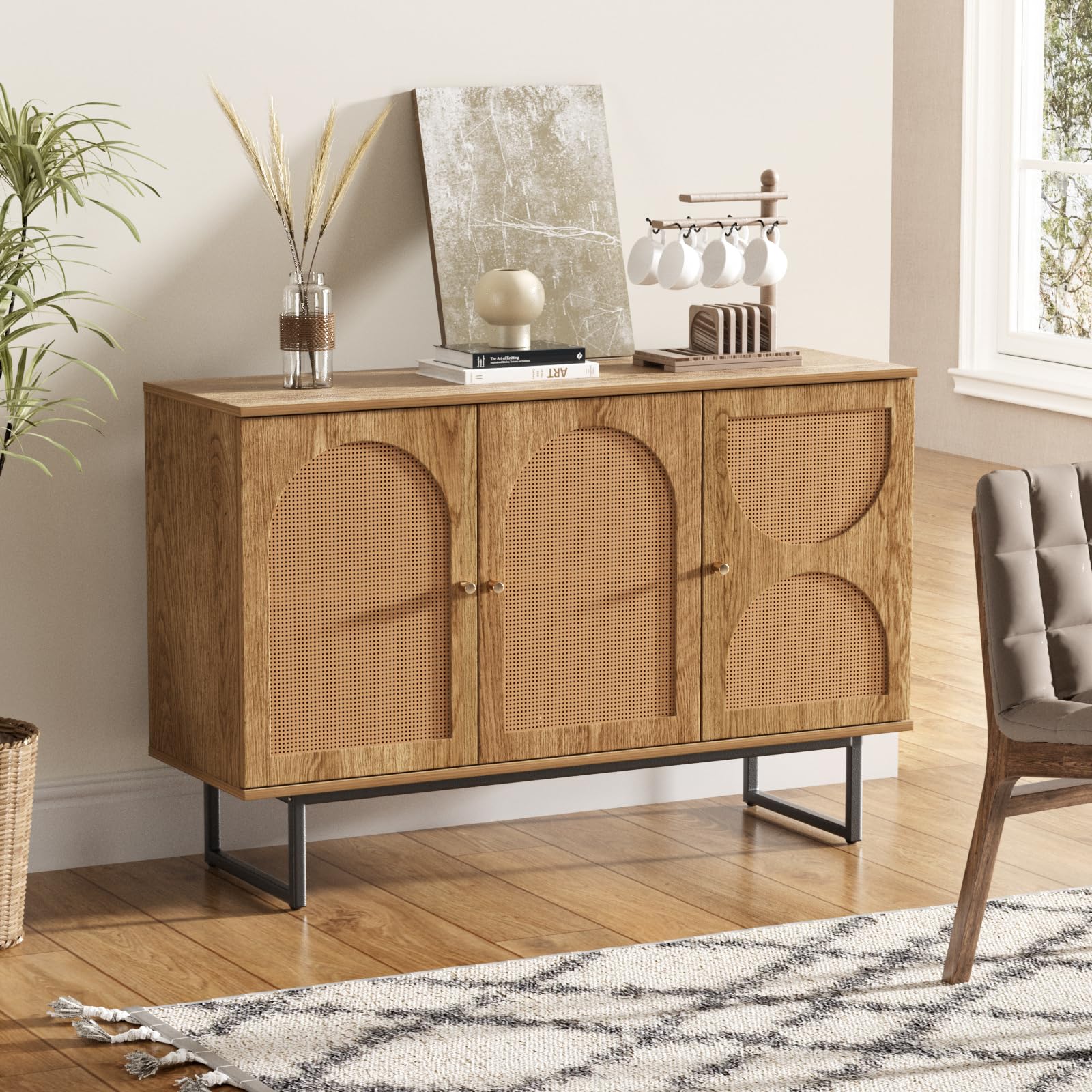Rattan Sideboard Buffet Cabinet with Metal Legs - Boho Style Credenza for Living Room, Hallway, Entryway - Natural Wood & Woven Rattan Storage Cabinet | Perfect for Dining Room Storage, Home Decor, and Entertaining Guests