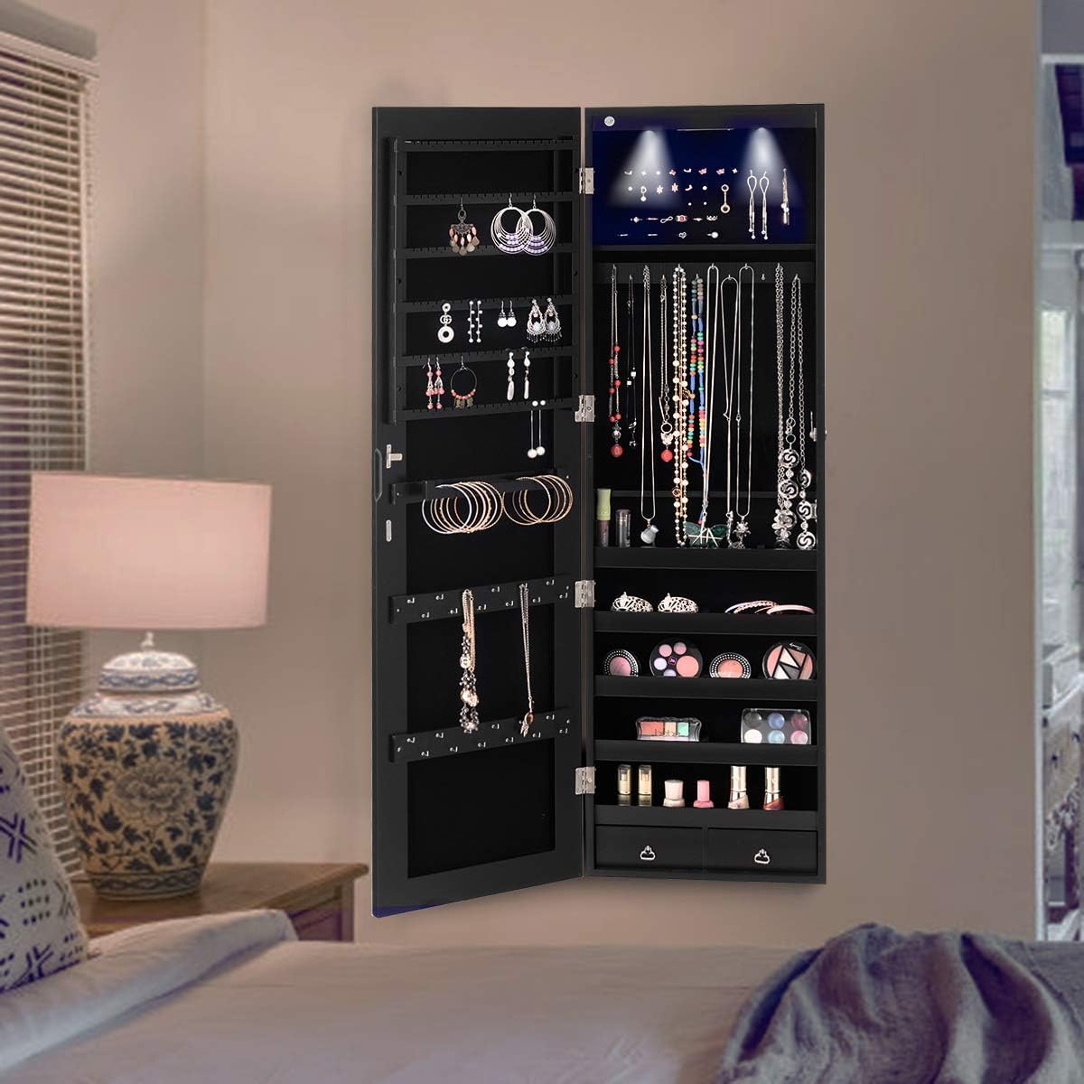 Black Jewelry Armoire with LED Lights & Drawers - Bedroom Storage Organizer for Necklaces & Rings