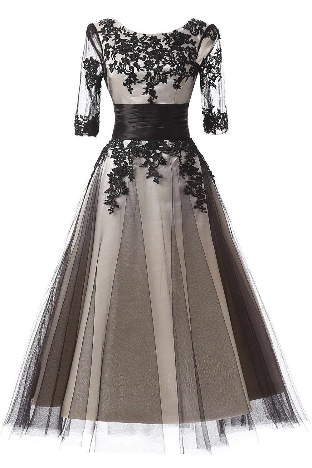Snowskite Women's Black Lace Applique Tulle Long Formal Evening Gown - Elegant Prom, Wedding Guest & Black Tie Event Dress