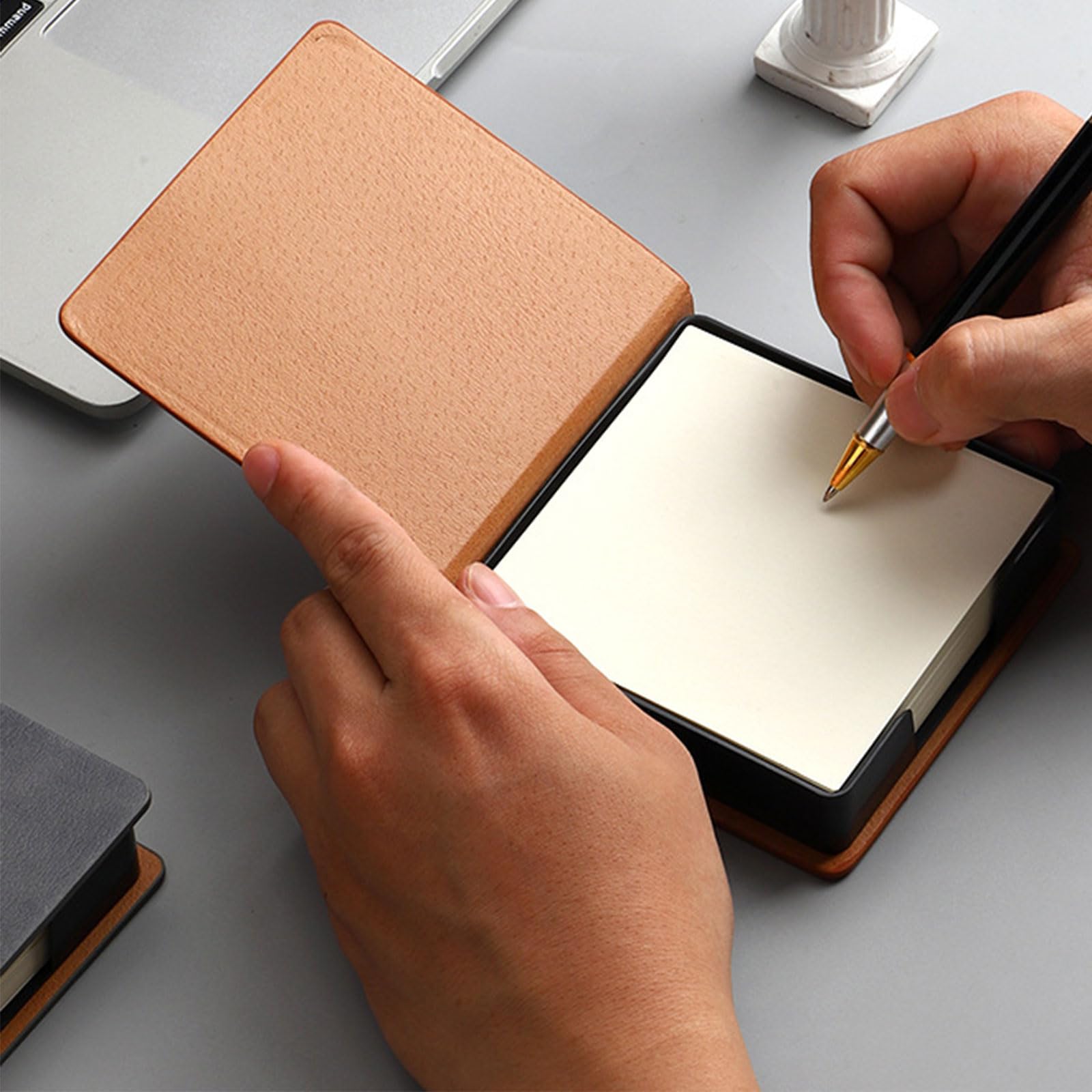 Premium Leather Note Pad Holder with Lid - Sticky Notes Dispenser & Name Card Organizer for Office, School, and Desk Use - Durable Memo Pad Storage Box for Daily Organization
