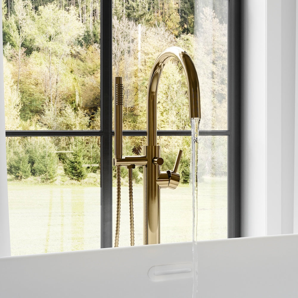 ZLINE Emerald Bay Bathtub Filler with Hand Shower - Polished Gold Faucet for Bathroom | Luxury Freestanding Tub Spout with Adjustable Spray (EMBY BTF PG) | Perfect for Master Bathrooms & Spa Retreats