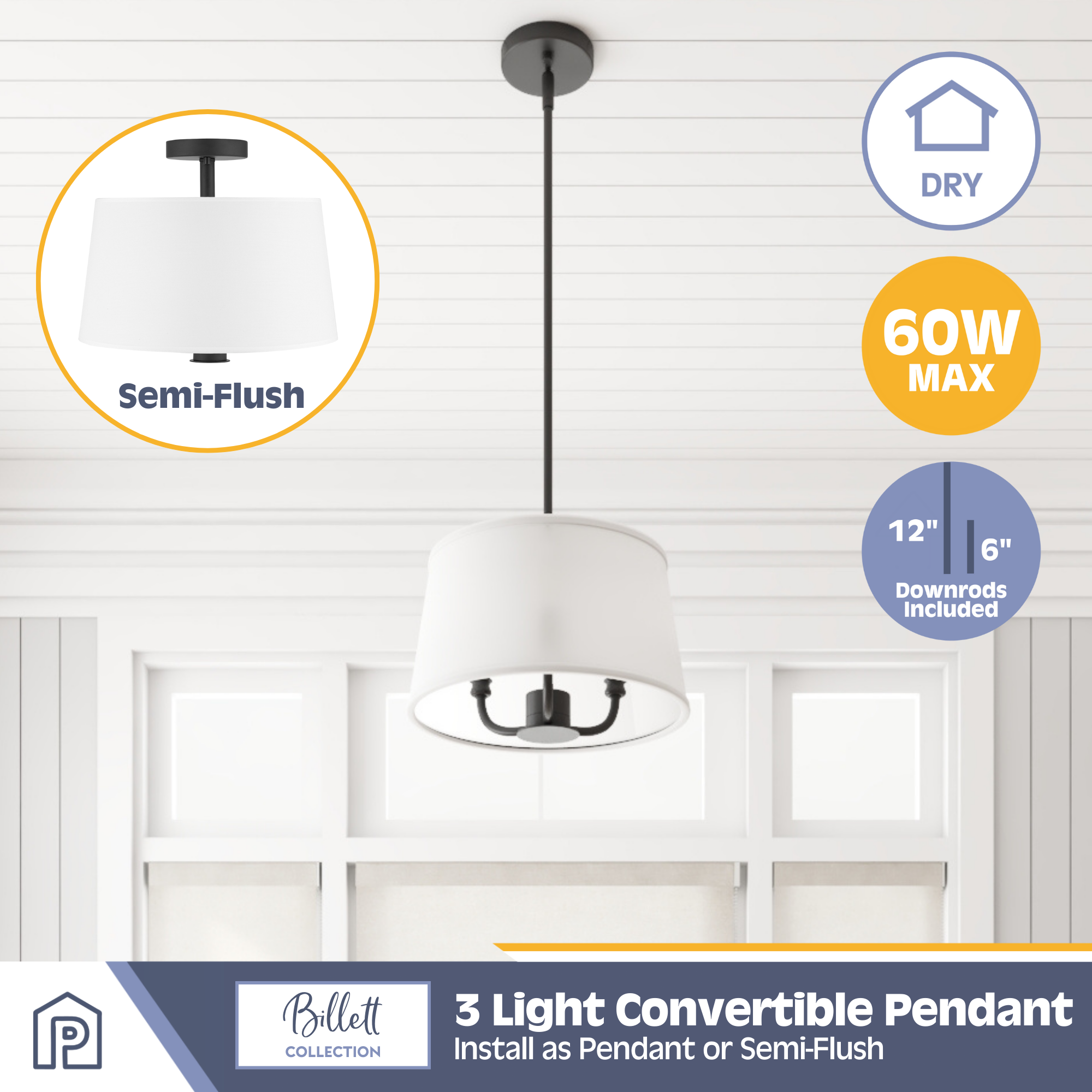 3-Light Billet Convertible Pendant/Semi-Flush Mount Ceiling Light Fixture - Matte Black with Fabric Shades for Dining Room, Kitchen Island or Bedroom Lighting