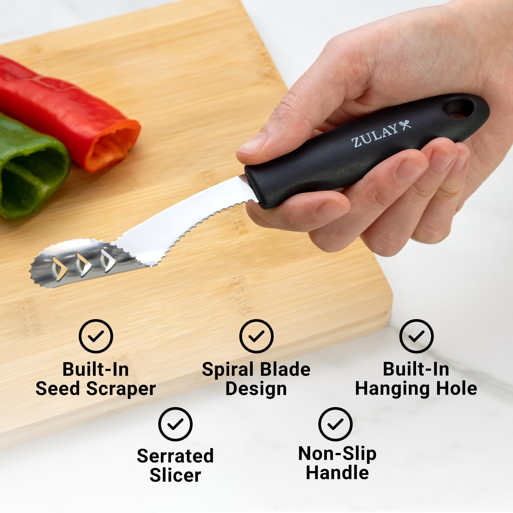 Zulay Kitchen Jalapeno Corer & Seed Remover - 430 Stainless Steel Pepper Deseeding Tool with Serrated Blade - Effortless Chili, Bell Pepper & Jalapeno Core Remover for Cooking, Grilling & Meal Prep - Perfect for Salsa, Stir-fry & BBQ Parties