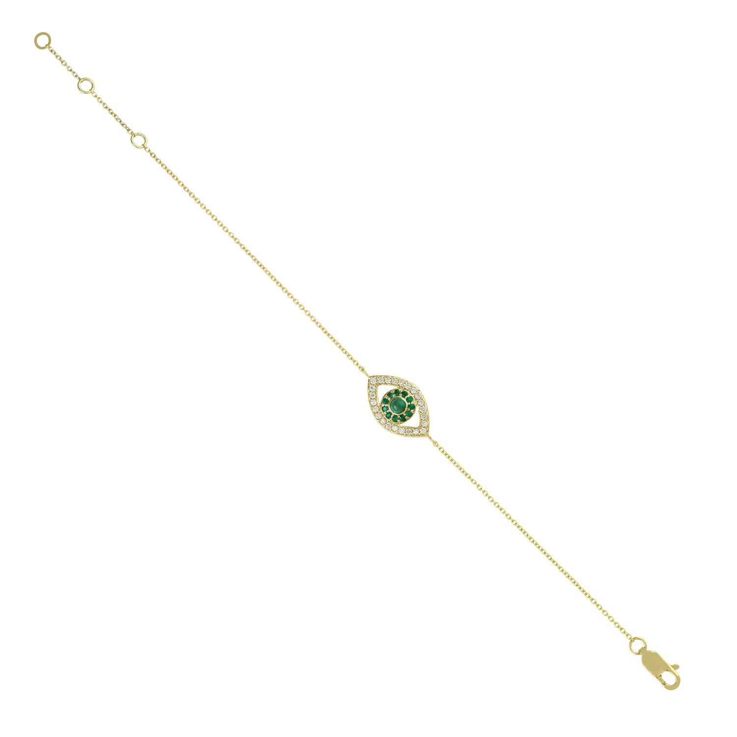 14K Yellow Gold Prong Set Emerald Pave Diamond Evil Eye Bracelet - Adjustable & Fixed Fit for Protection, Fashion Jewelry Gift for Women