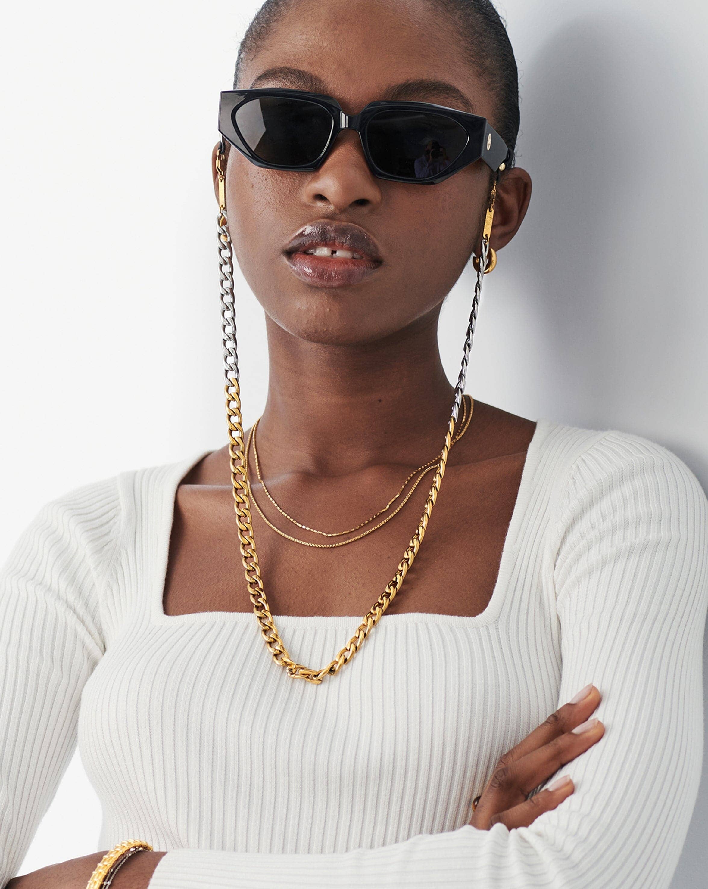 Two Tone Curb Chain Eyewear Holder - 18k Gold Plated & Silver Plated Glasses Chain for Women & Men | Perfect for Reading Glasses, Sunglasses & Eyewear Accessories