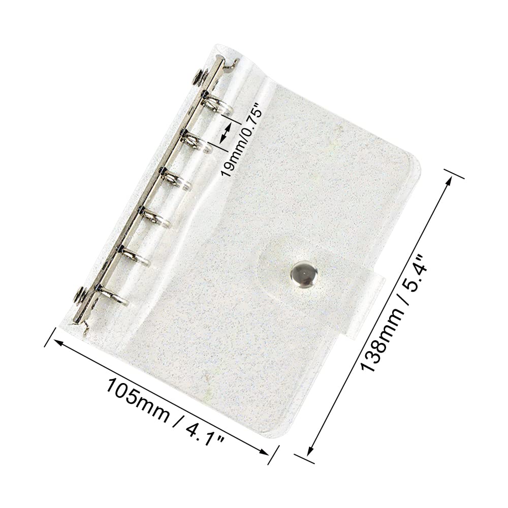 1PC Clear Glitter Binder Cover | 6-Ring Loose-Leaf PVC Folder | Soft A7 Notebook Binder with Snap Button Closure | Silver Round Ring Planner Cover for School, Office & Organization (Translucent Sparkle Design)
