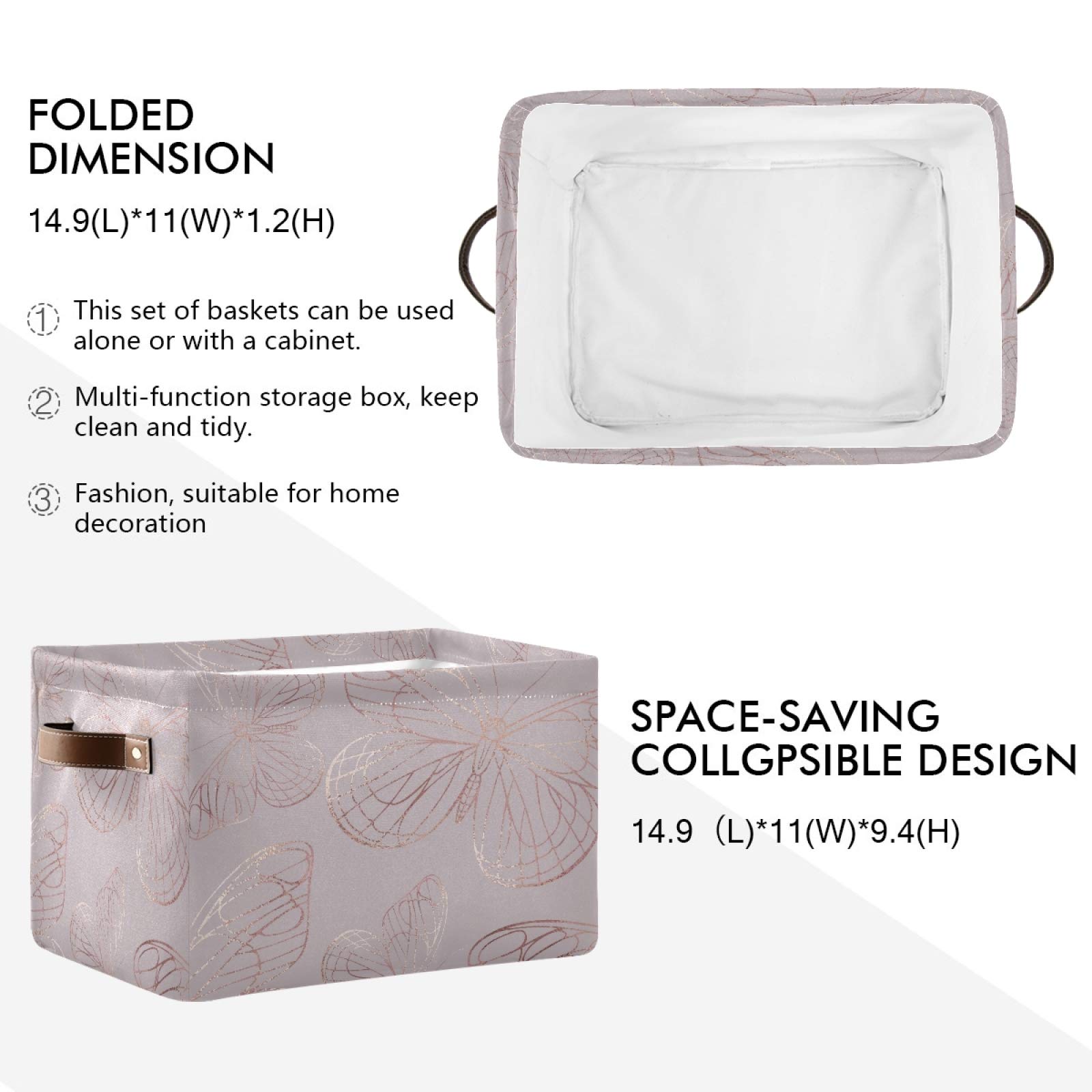 Butterfly Rose Gold Collapsible Storage Basket with PU Handles - Waterproof Nursery & Laundry Organizer (1 Pack) - Perfect for Baby Room, Bathroom & Closet Organization