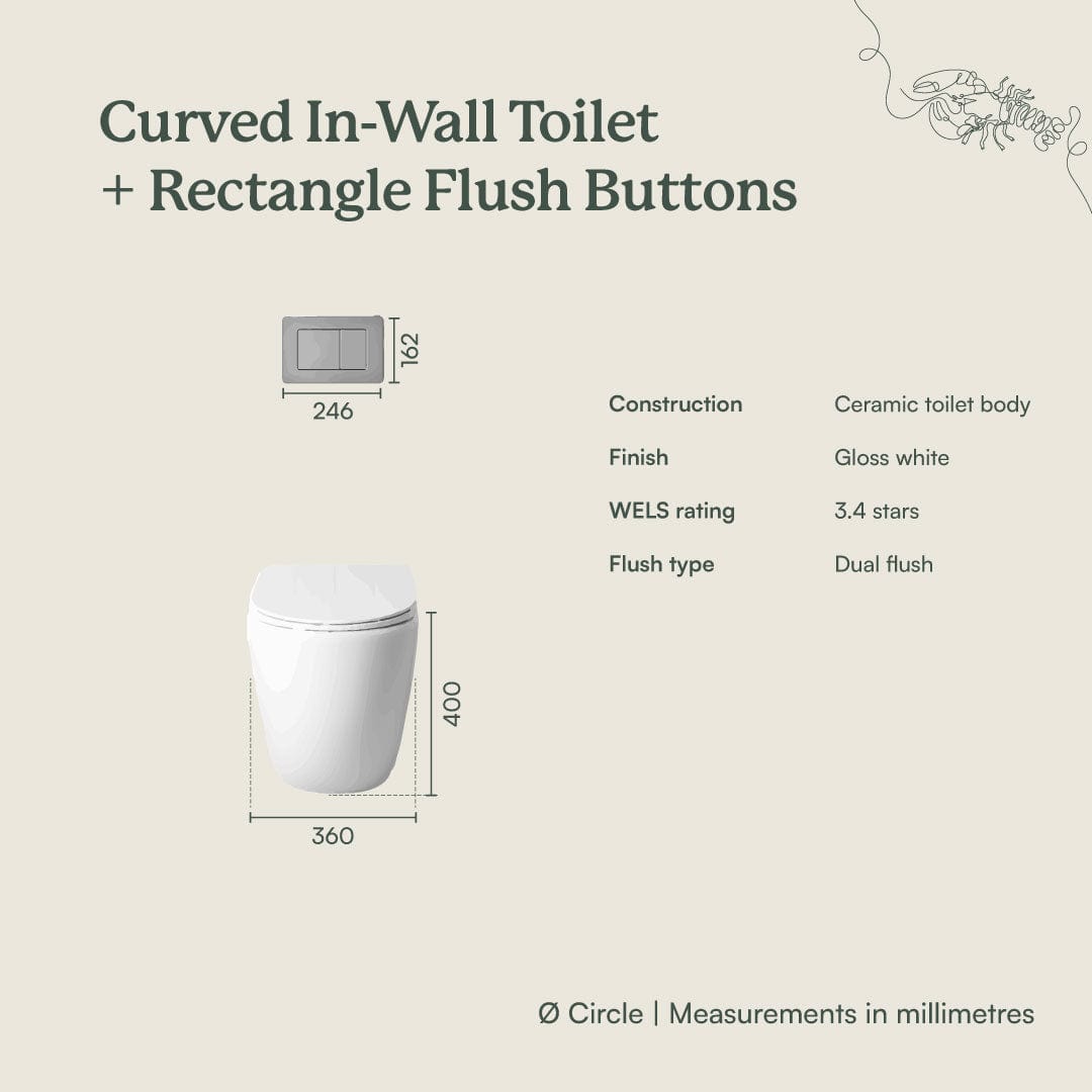 Wall-Mounted Curved Toilet with Modern Rectangle Stainless Steel Flush Buttons - Space-Saving Design for Small Bathrooms & Modern Homes