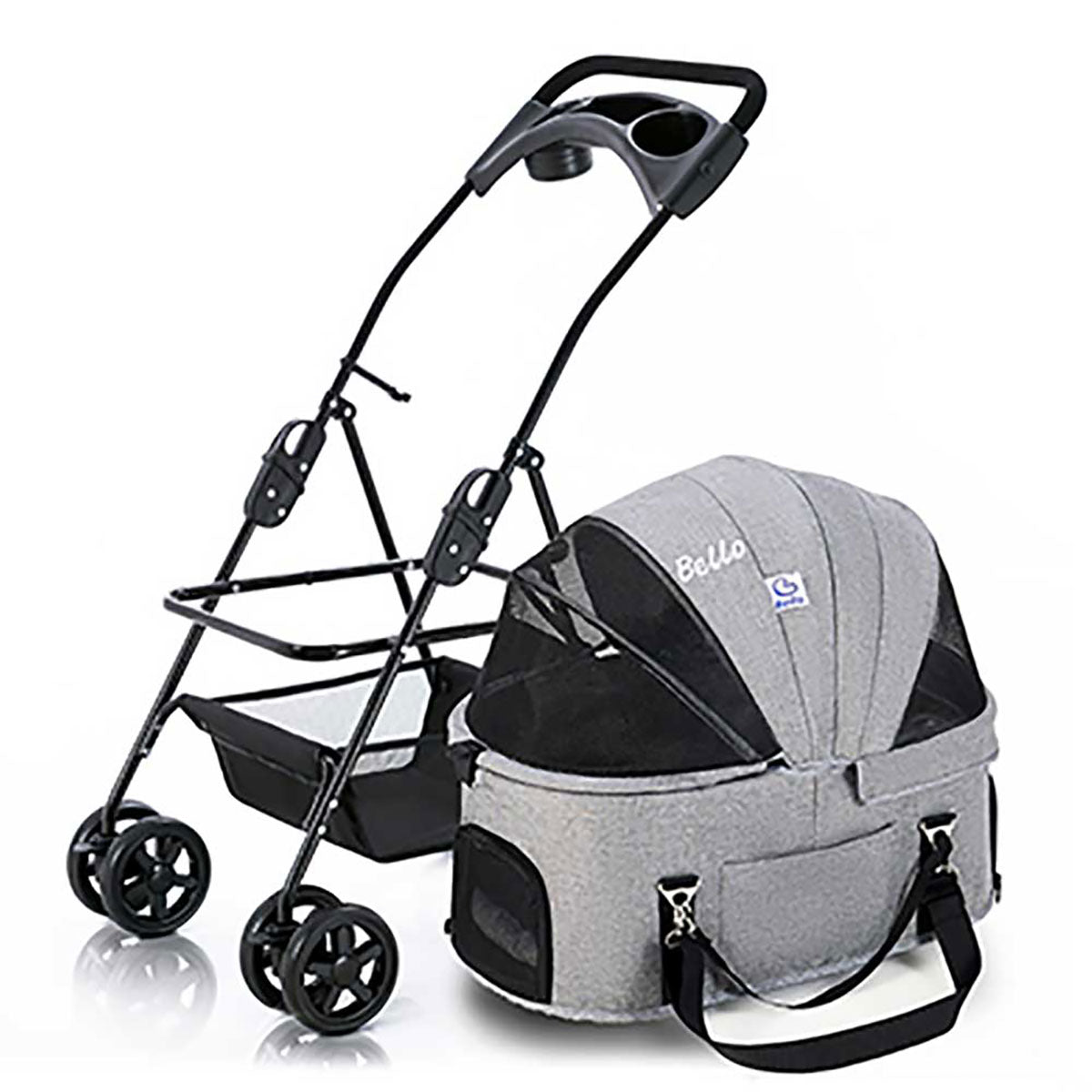 BELLO 4-Wheel Foldable Dog Stroller with Removable Basket - Large Version (Pet Weight Capacity: 17kg) - Perfect for Outdoor Walks, Shopping & Travel with Your Pet