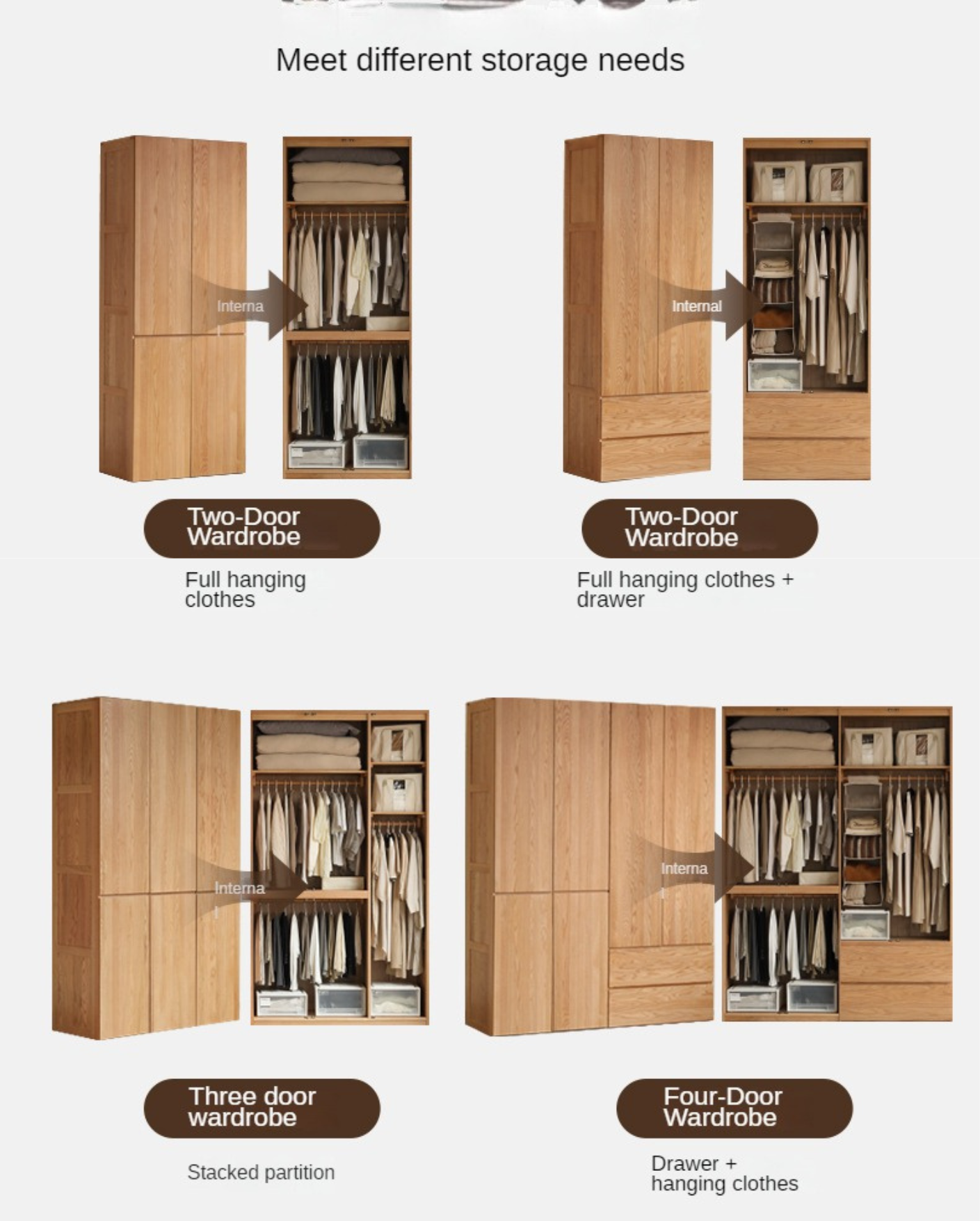 Oak Solid Wood Sectional Wardrobe - Spacious Modular Closet Organizer for Bedroom & Walk-in Closets | Durable Storage Solution for Clothes, Shoes & Accessories