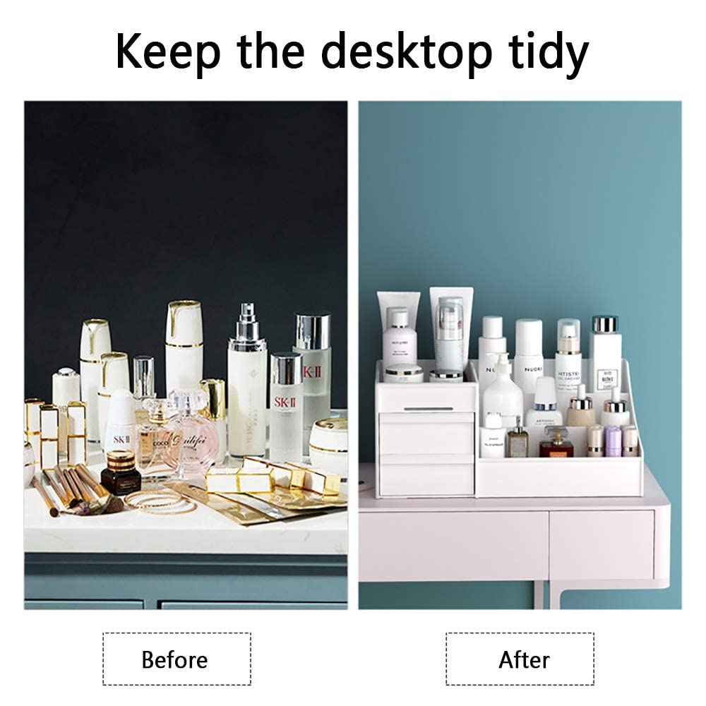 Premium Makeup Organizer with Drawers - White Cosmetic & Jewelry Storage for Vanity, Brushes, Lipstick, Eyeshadow | Countertop Desk Organizer for Bathroom, Bedroom & Dressing Table (White)